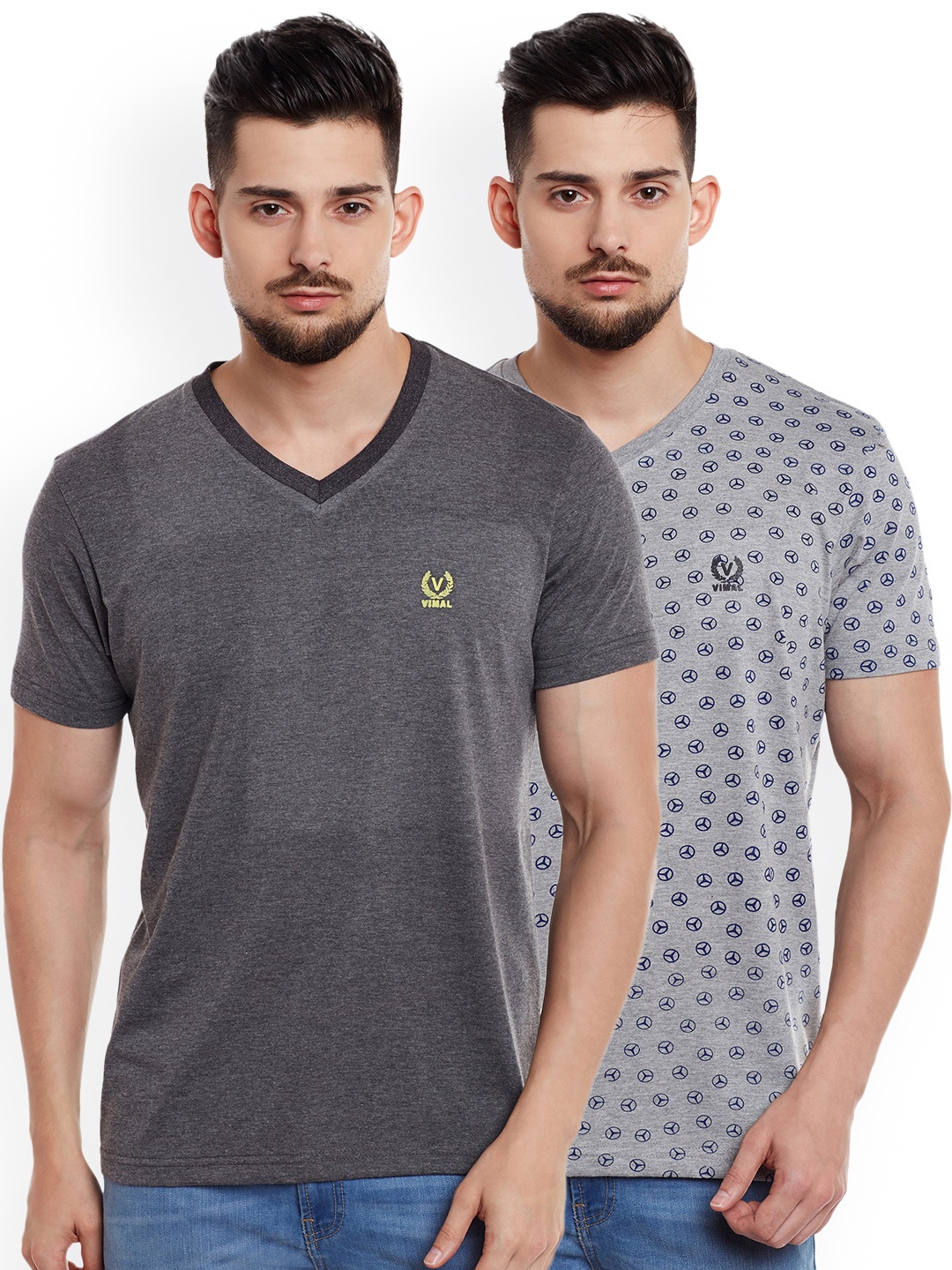 

MACK JONNEY Men Pack of 2 V-Neck T-Shirts, Grey