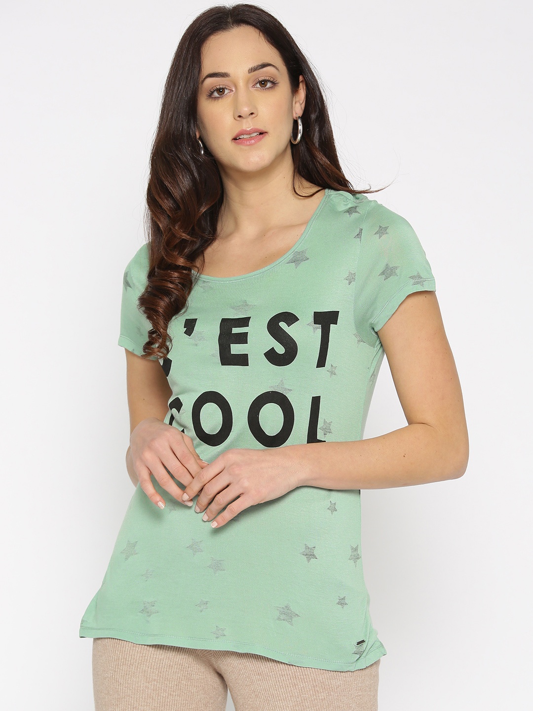 

ONLY Women Green Printed Round Neck T-shirt