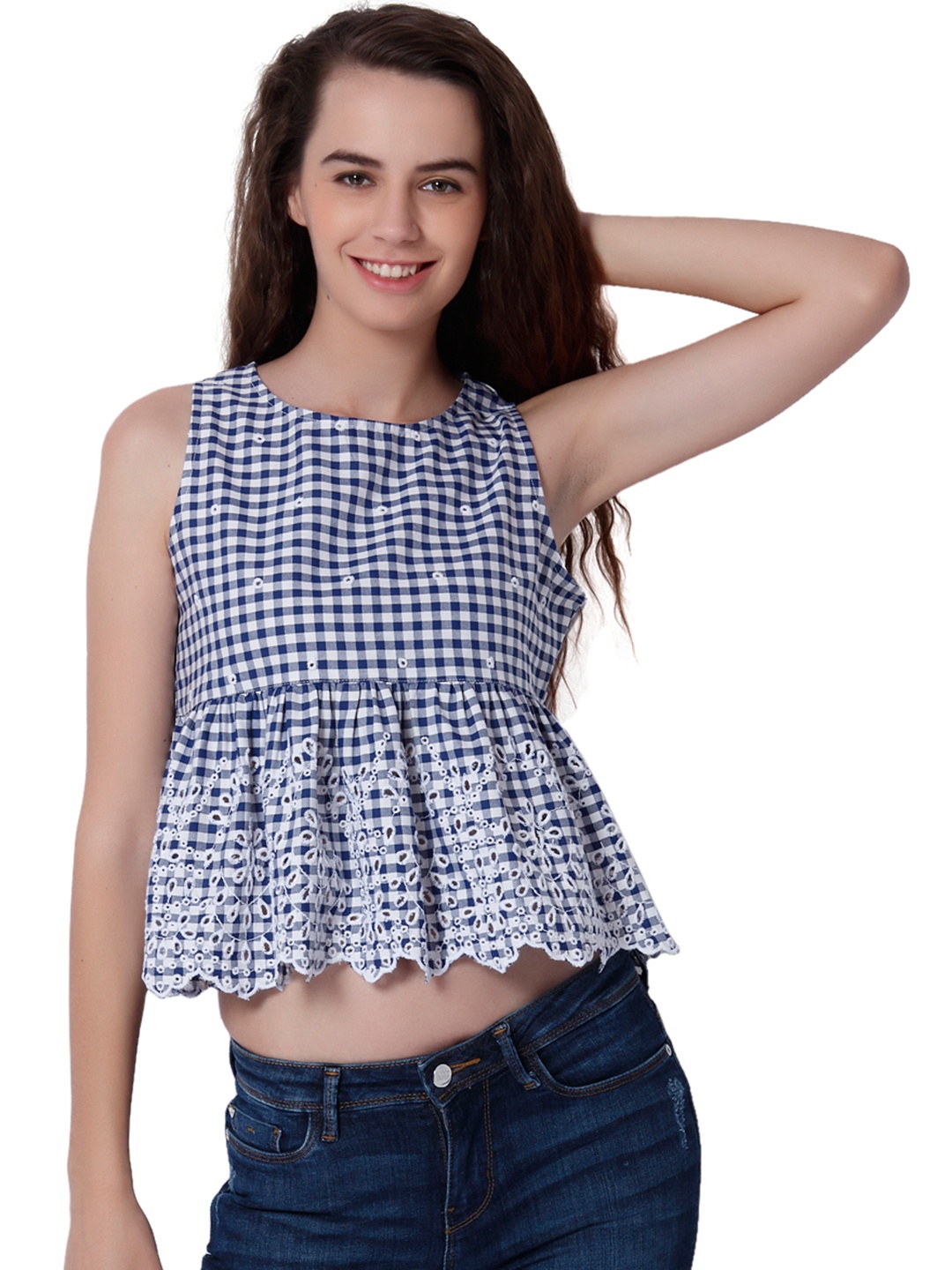 

ONLY Women Navy Blue & White Checked Cropped Styled Back Top