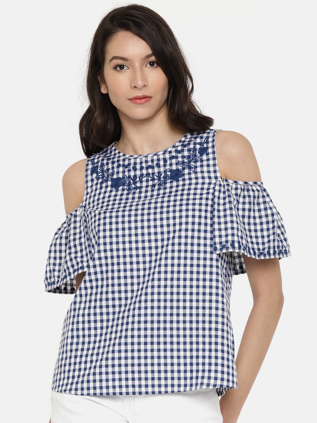 

ONLY Women Navy Blue Checked Top