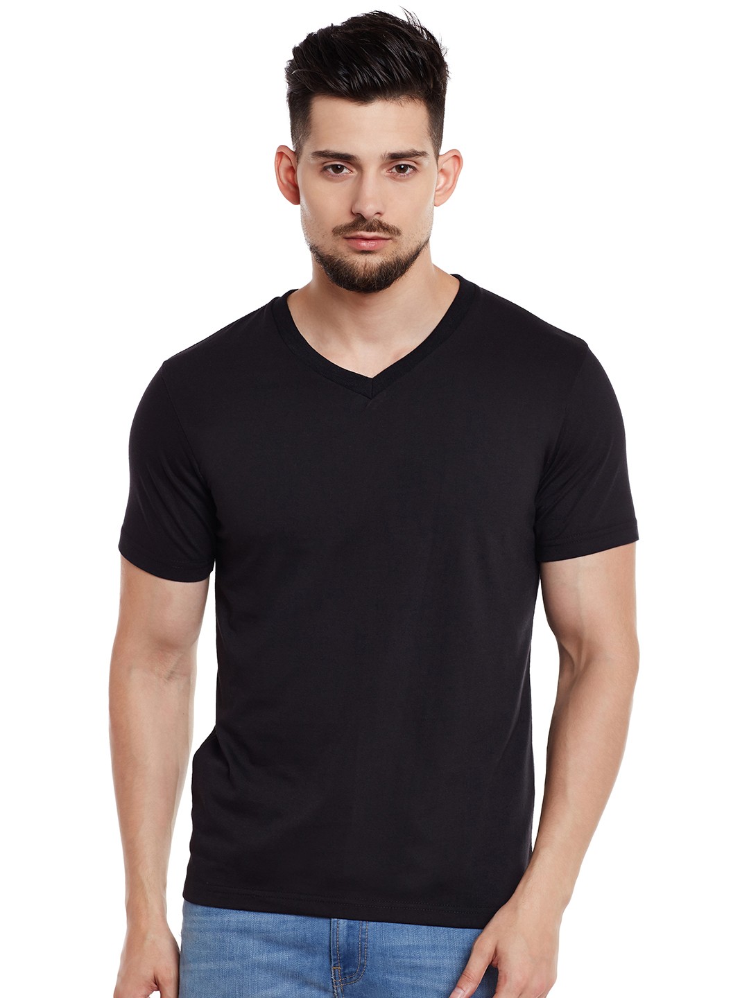 

VIMAL JONNEY Men Black Solid V-Neck T-shirt