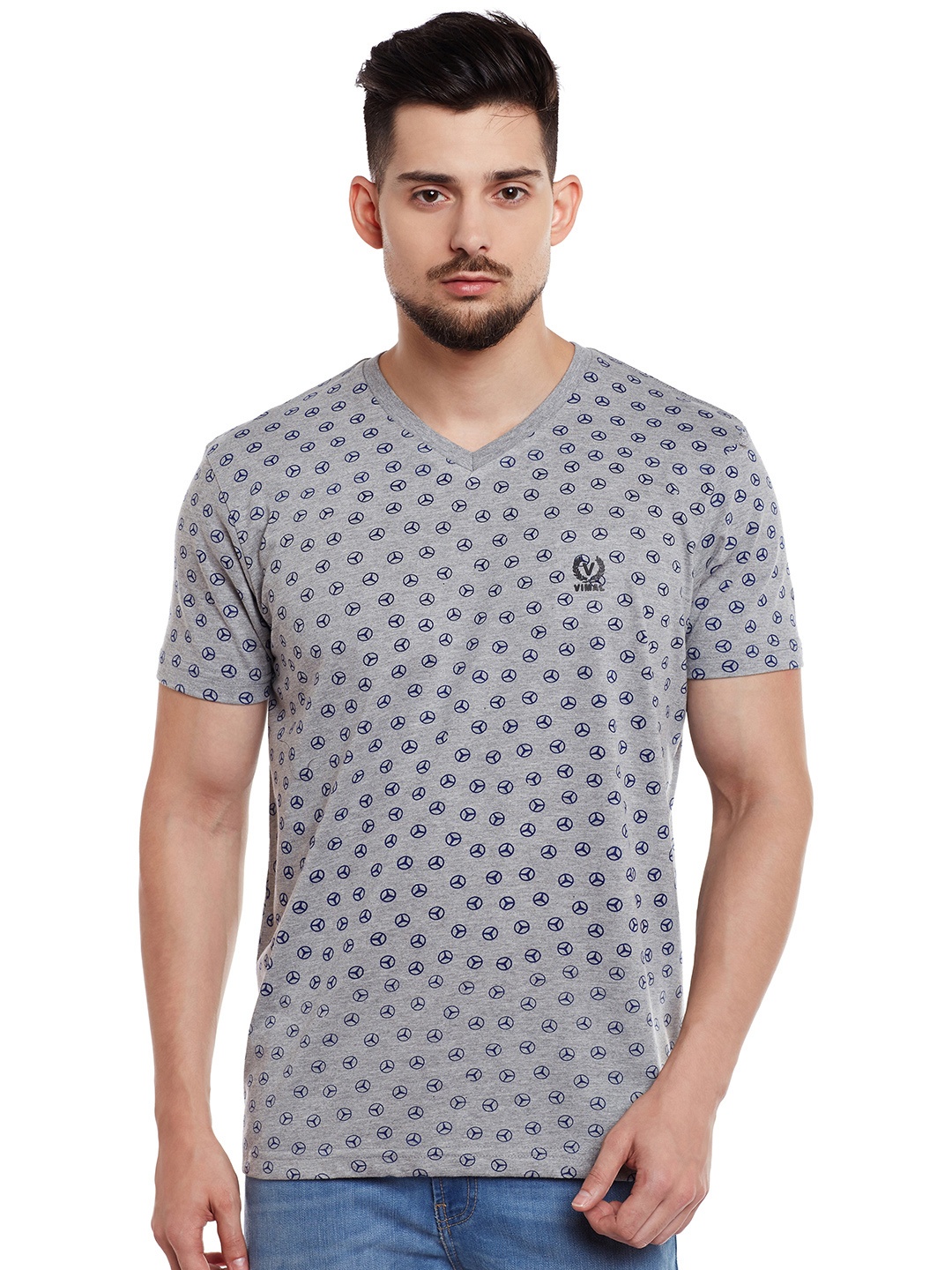 

MACK JONNEY Men Grey Melange Printed V-Neck T-shirt