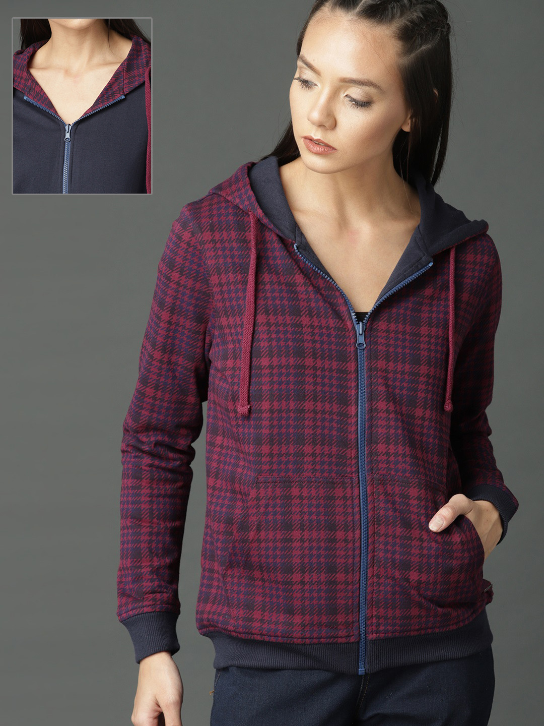 

Roadster Women Maroon & Navy Blue Printed Hooded Reversible Sweatshirt