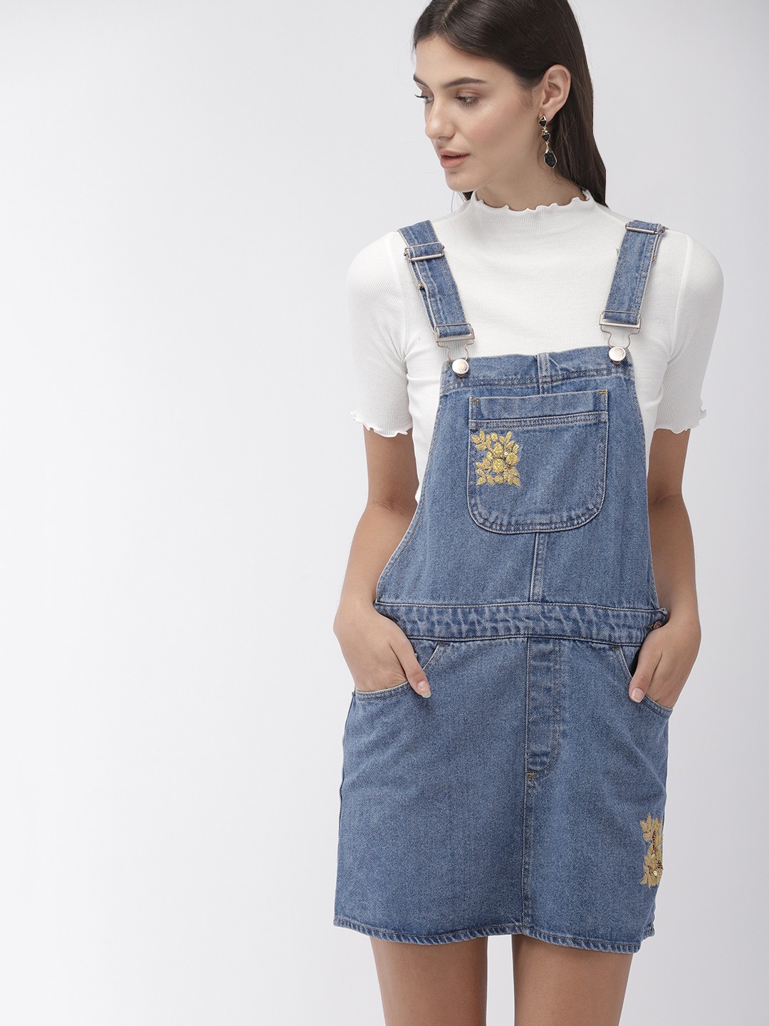 

FOREVER 21 Women Solid Blue Denim Embroidered Dungaree Dress
