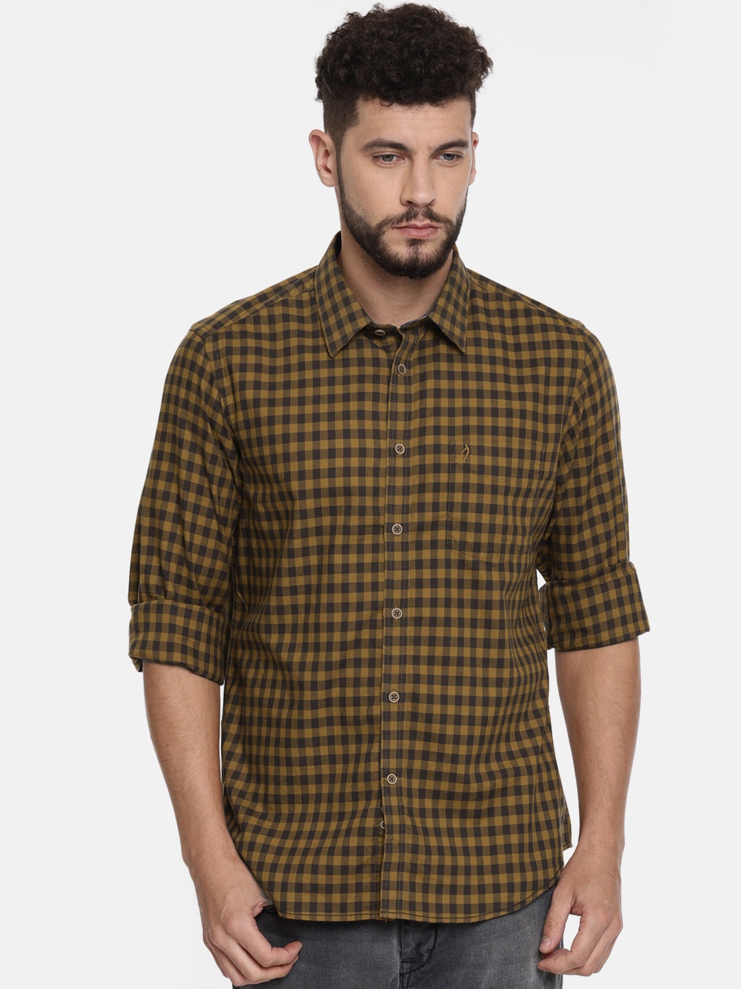 

Indian Terrain Men Brown & Mustard Yellow Slim Fit Checked Casual Shirt
