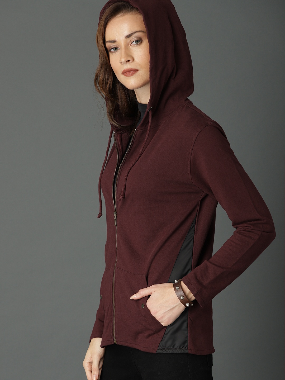 

Roadster Women Burgundy Colourblock Hooded Sweatshirt