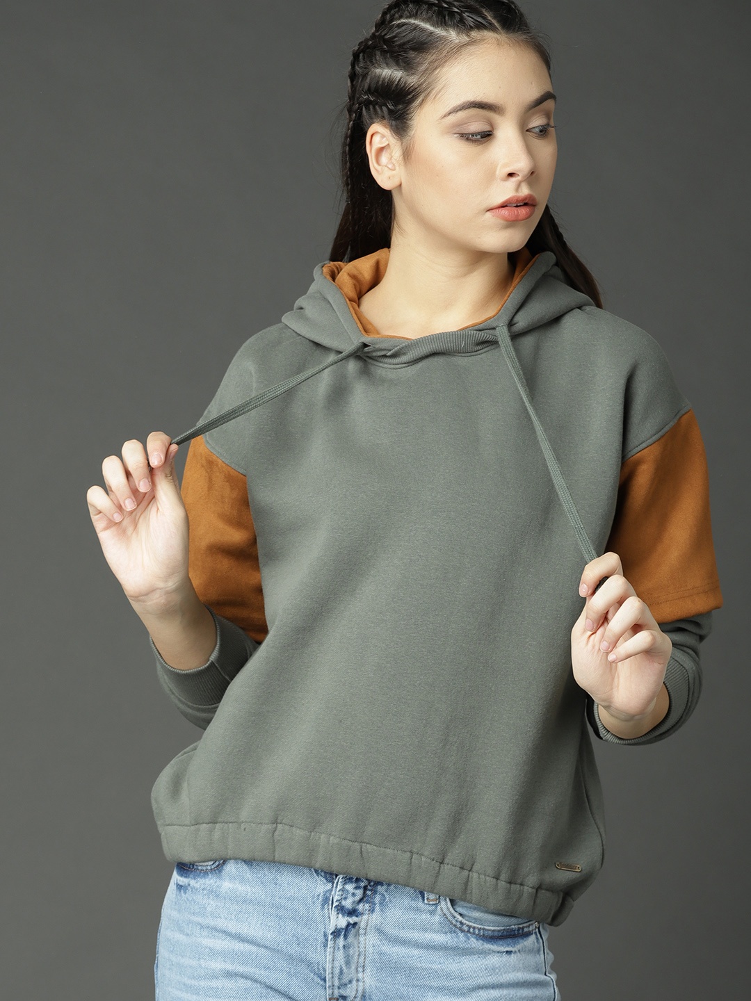 

Roadster Women Olive Green & Mustard Yellow Colourblock Hooded Sweatshirt