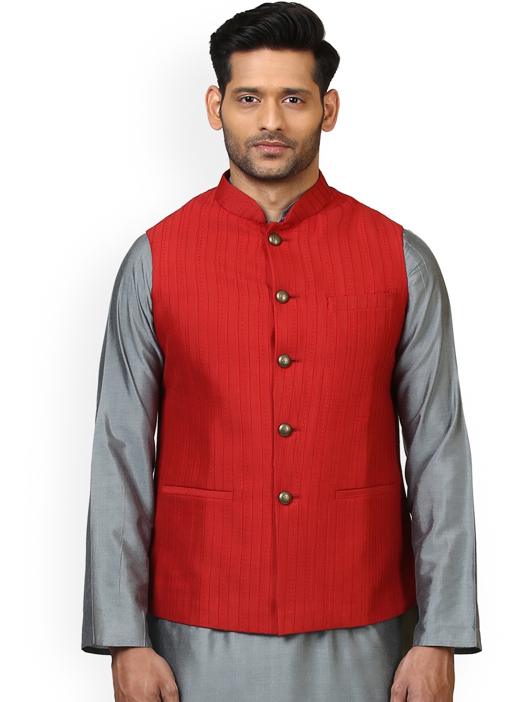 

ethnix Red Self-Design Nehru Jacket