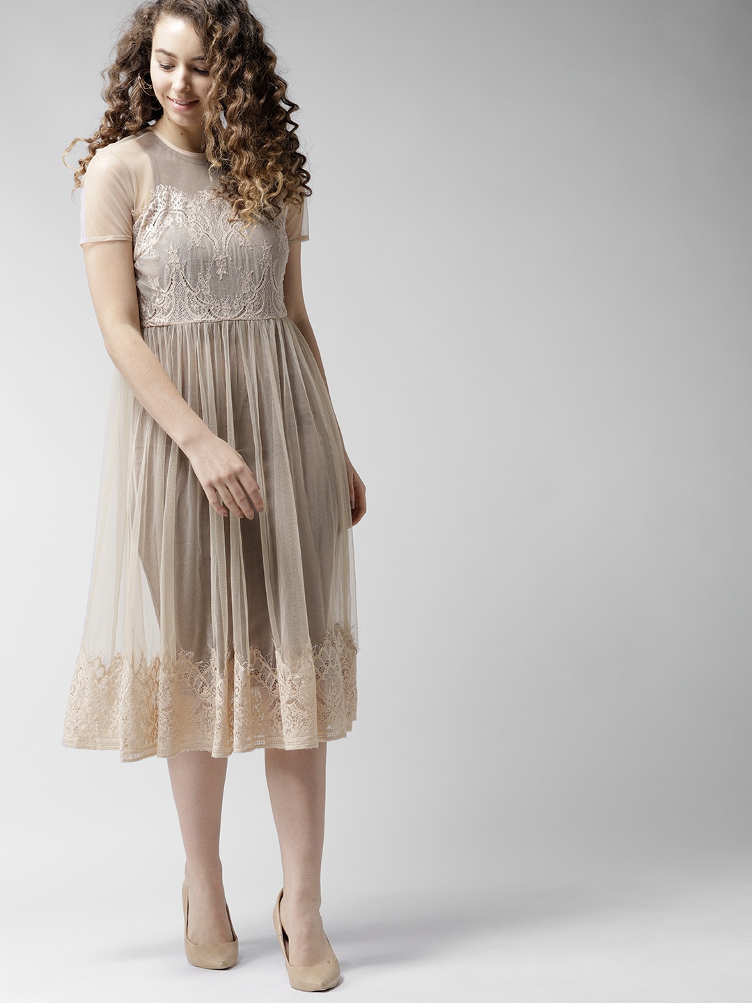 

FOREVER 21 Women Beige Sheer Self-Design Fit & Flare Net Dress