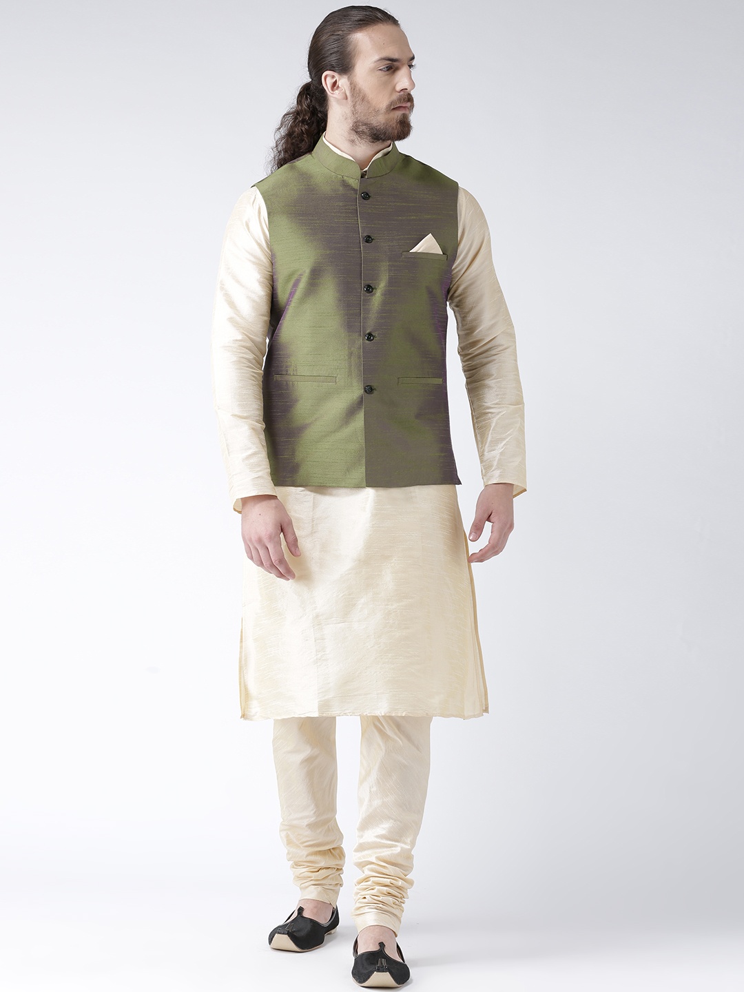 

DEYANN Men Olive Green & Cream Solid Jacquard Kurta with Pyjamas & Nehru Jacket