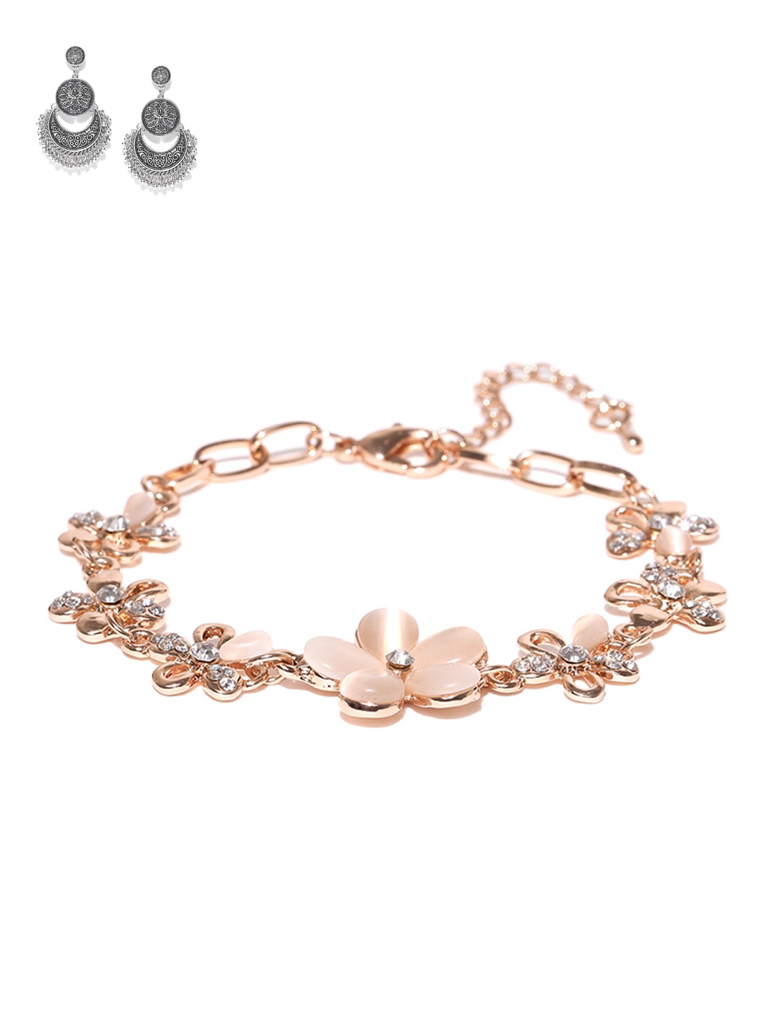 

YouBella Women Set of 2 Rose Gold-toned Bracelet & Silver Plated Earrings