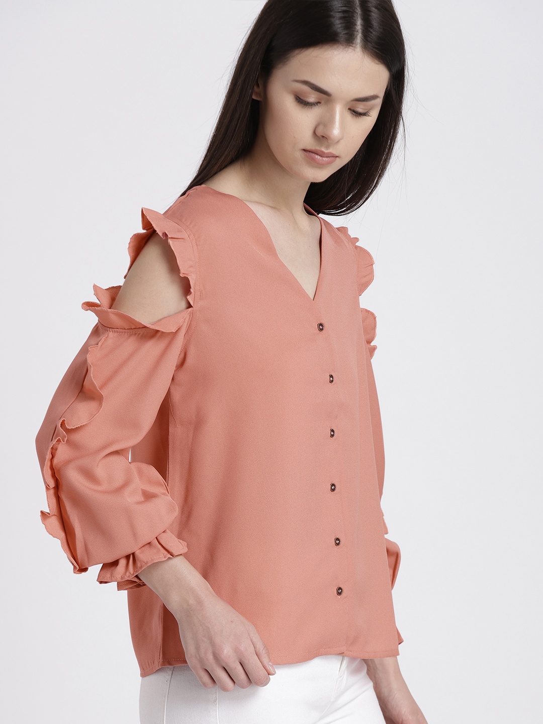 

Chemistry Women Peach-Coloured Regular Fit Solid Casual Shirt