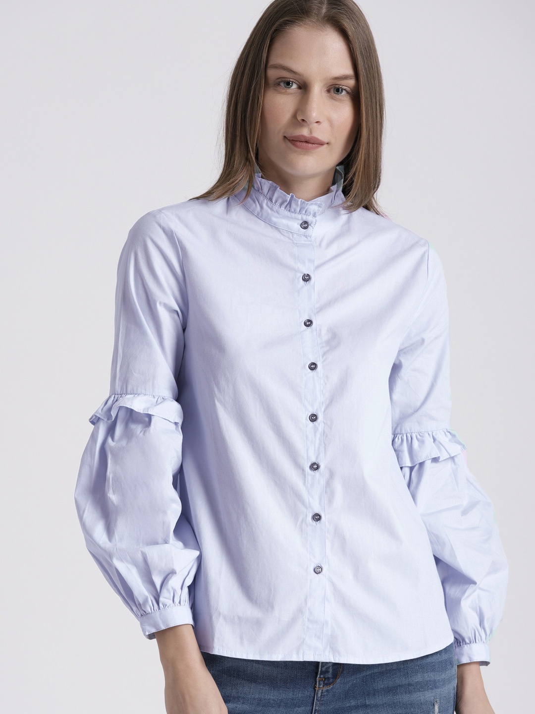 

Chemistry Blue Solid Shirt-Style Pure Cotton Top