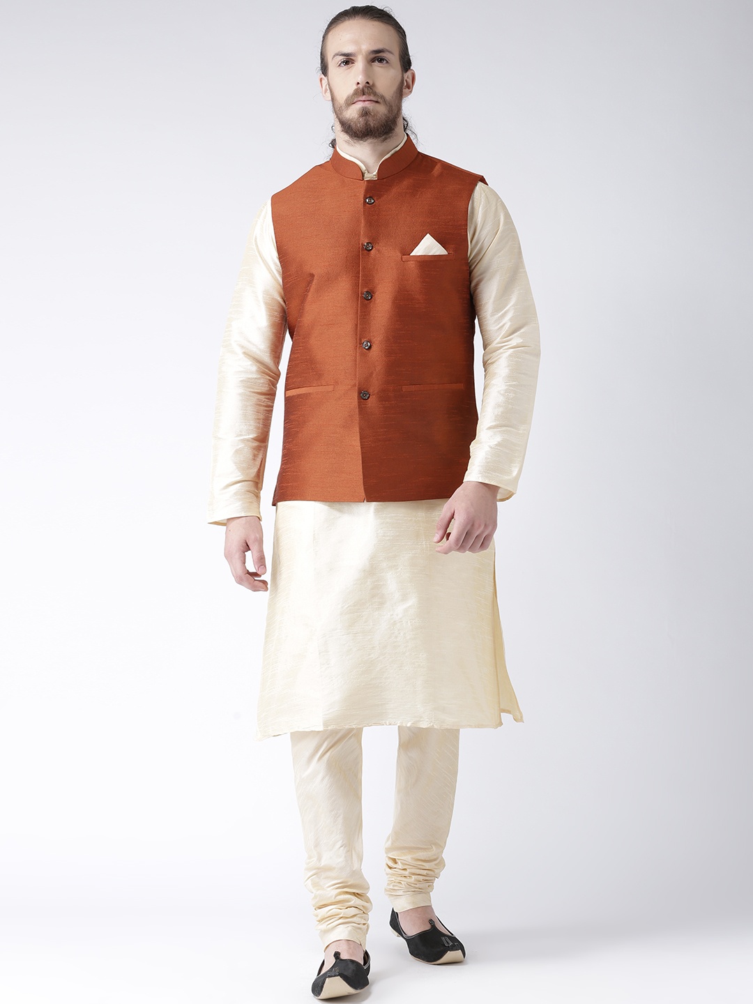 

DEYANN Men Rust Orange & Cream Solid Jacquard Kurta with Pyjamas & Nehru Jacket