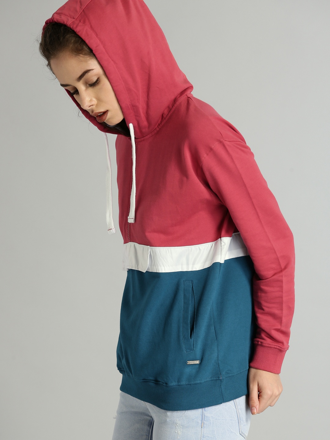 

Roadster Women Pink & Teal Colourblocked Hooded Sweatshirt