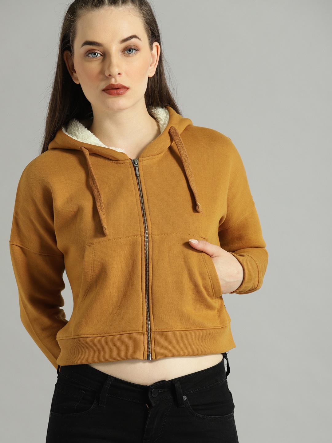 

Roadster Women Mustard Solid Hooded Crop Sweatshirt