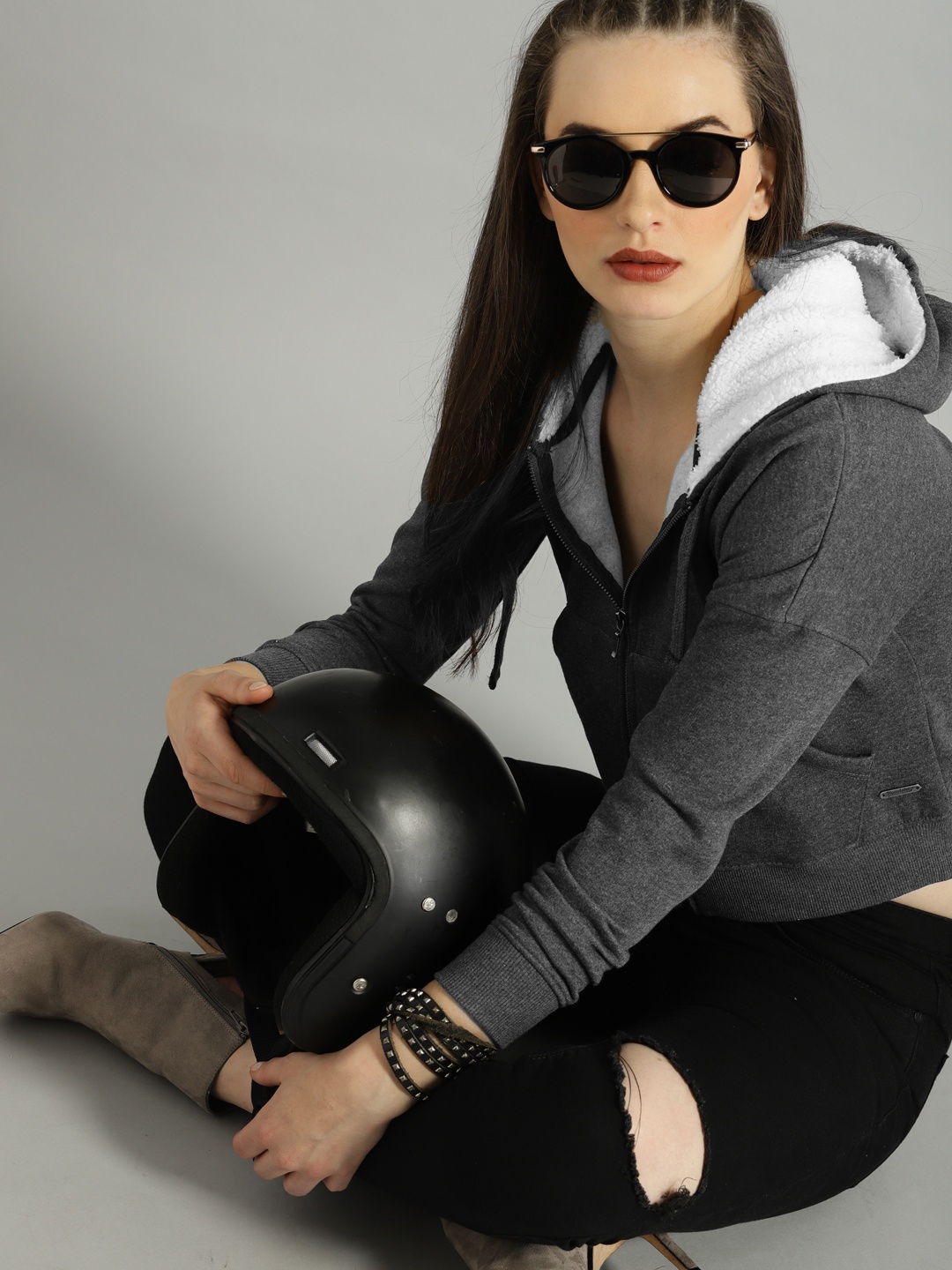 

Roadster Women Charcoal Solid Hooded Crop Sweatshirt