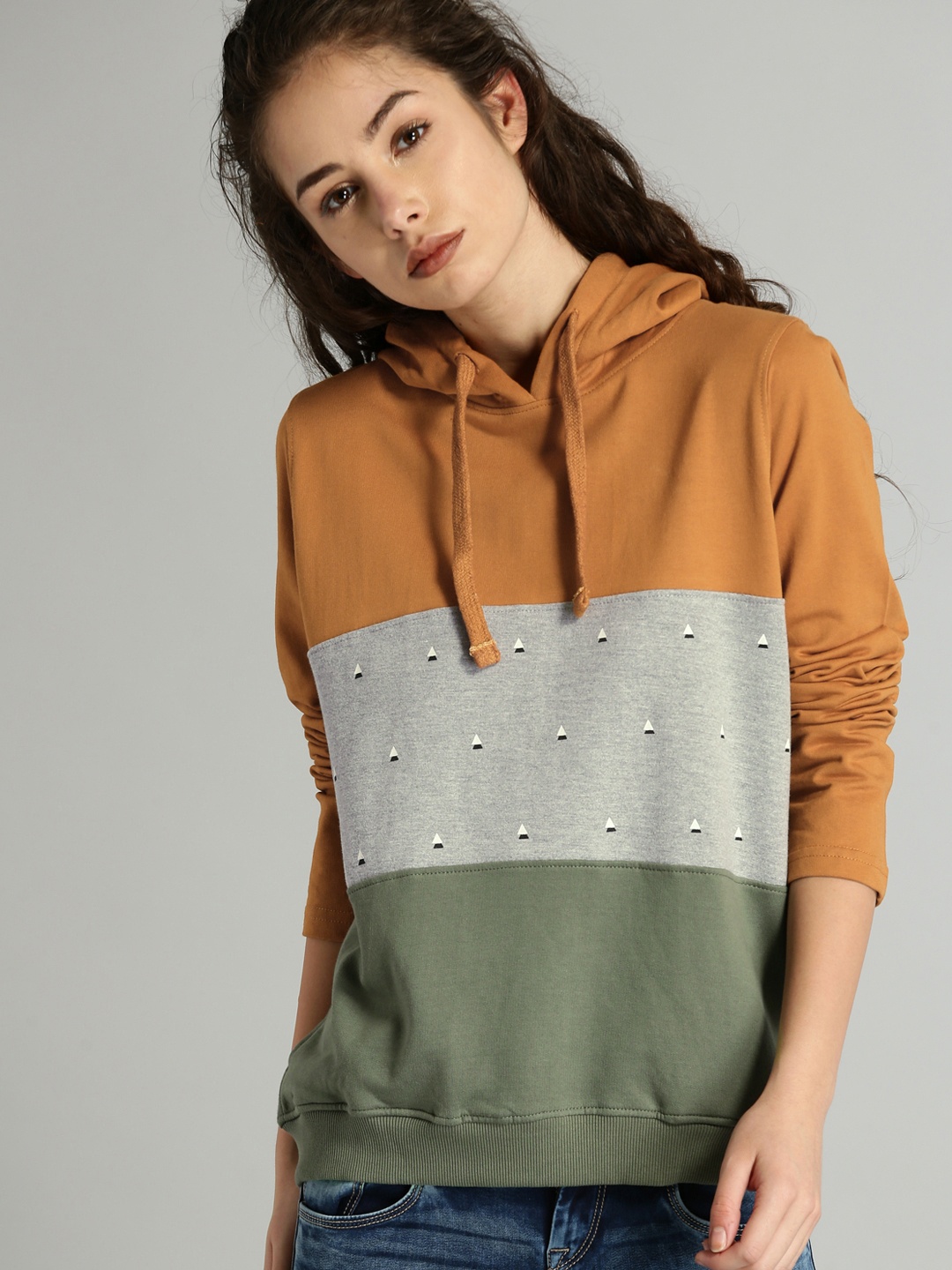 

Roadster Women Mustard & Grey Colourblocked Hooded Sweatshirt