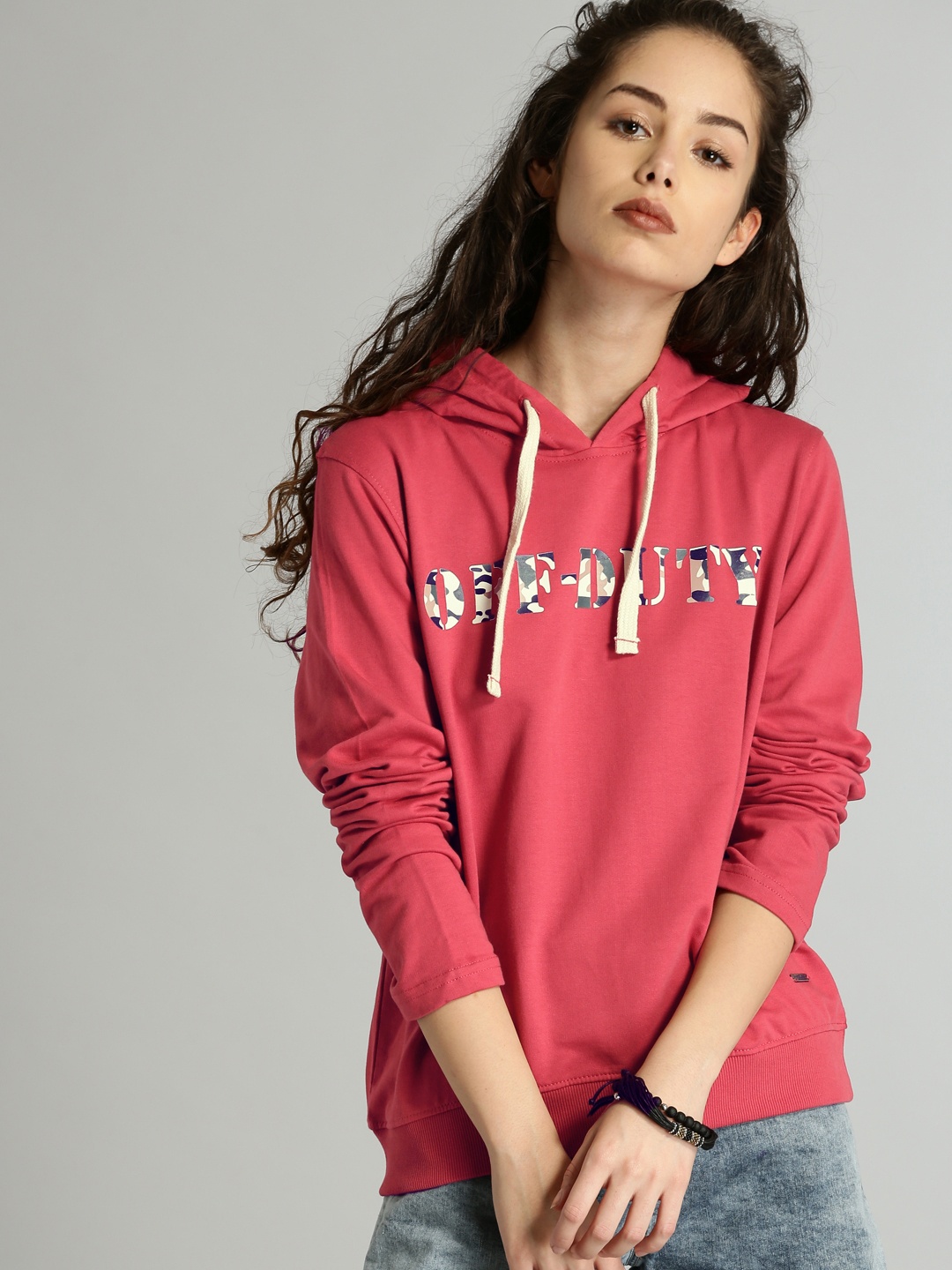 

Roadster Women Red Printed Hooded Sweatshirt