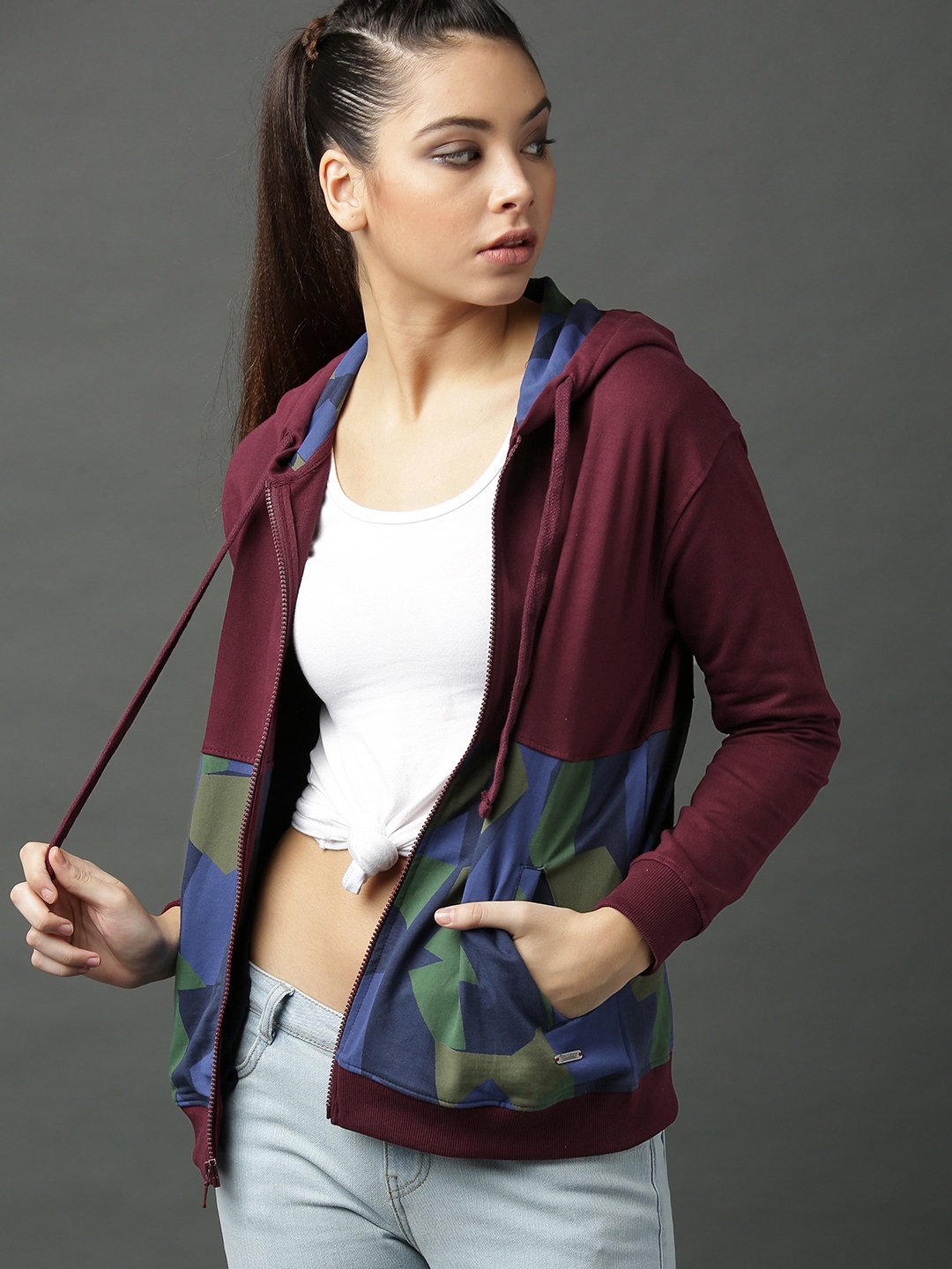 

Roadster Women Burgundy & Green Printed Hooded Sweatshirt