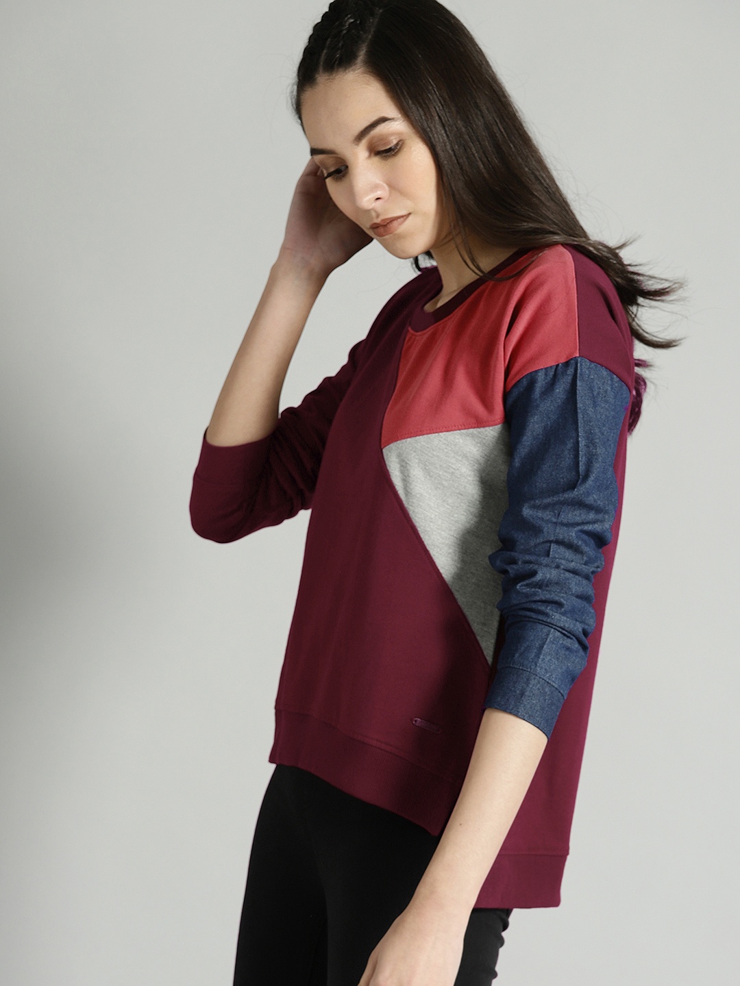 

Roadster Burgundy & Coral Pink Colourblocked Sweatshirt