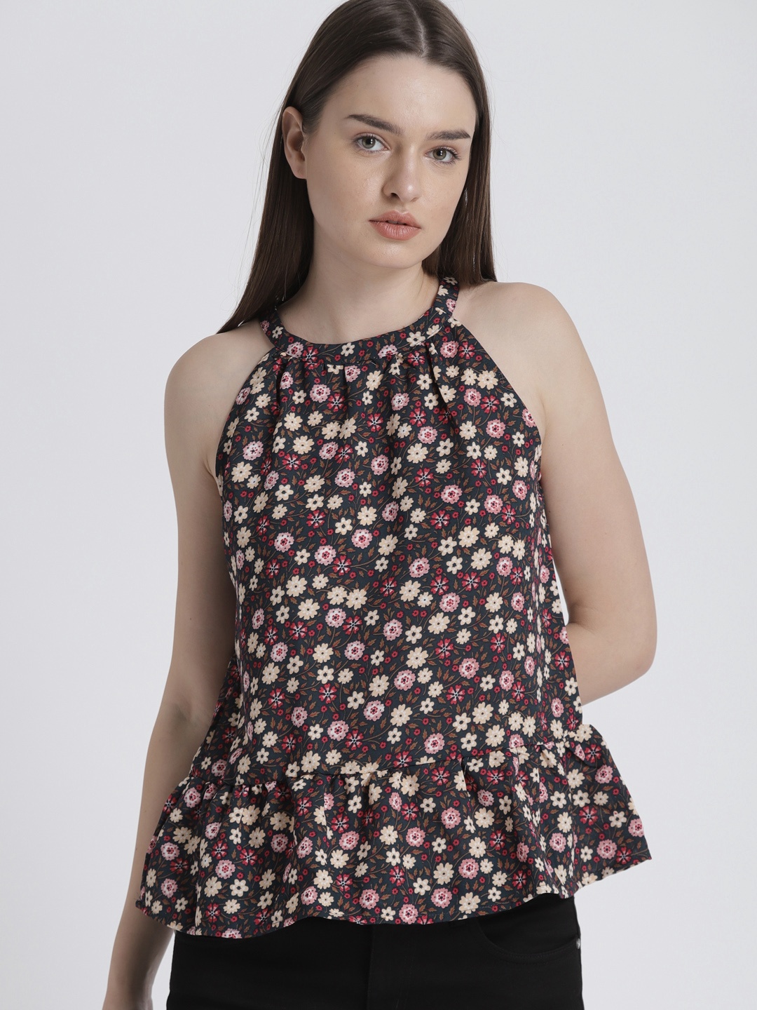 

Chemistry Women Navy Blue Printed Peplum Top