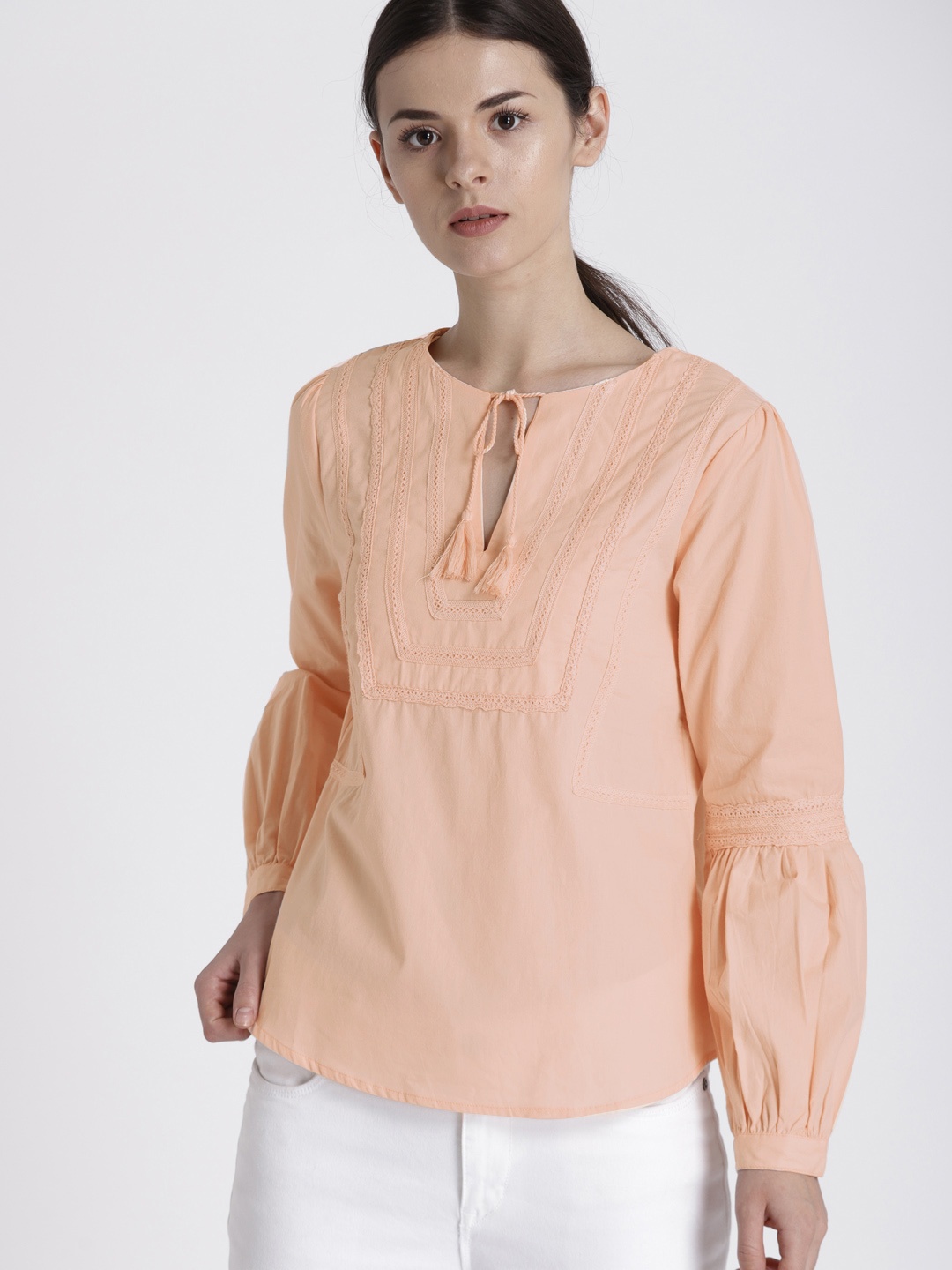 

Chemistry Women Peach-Coloured Solid Pure Cotton Top