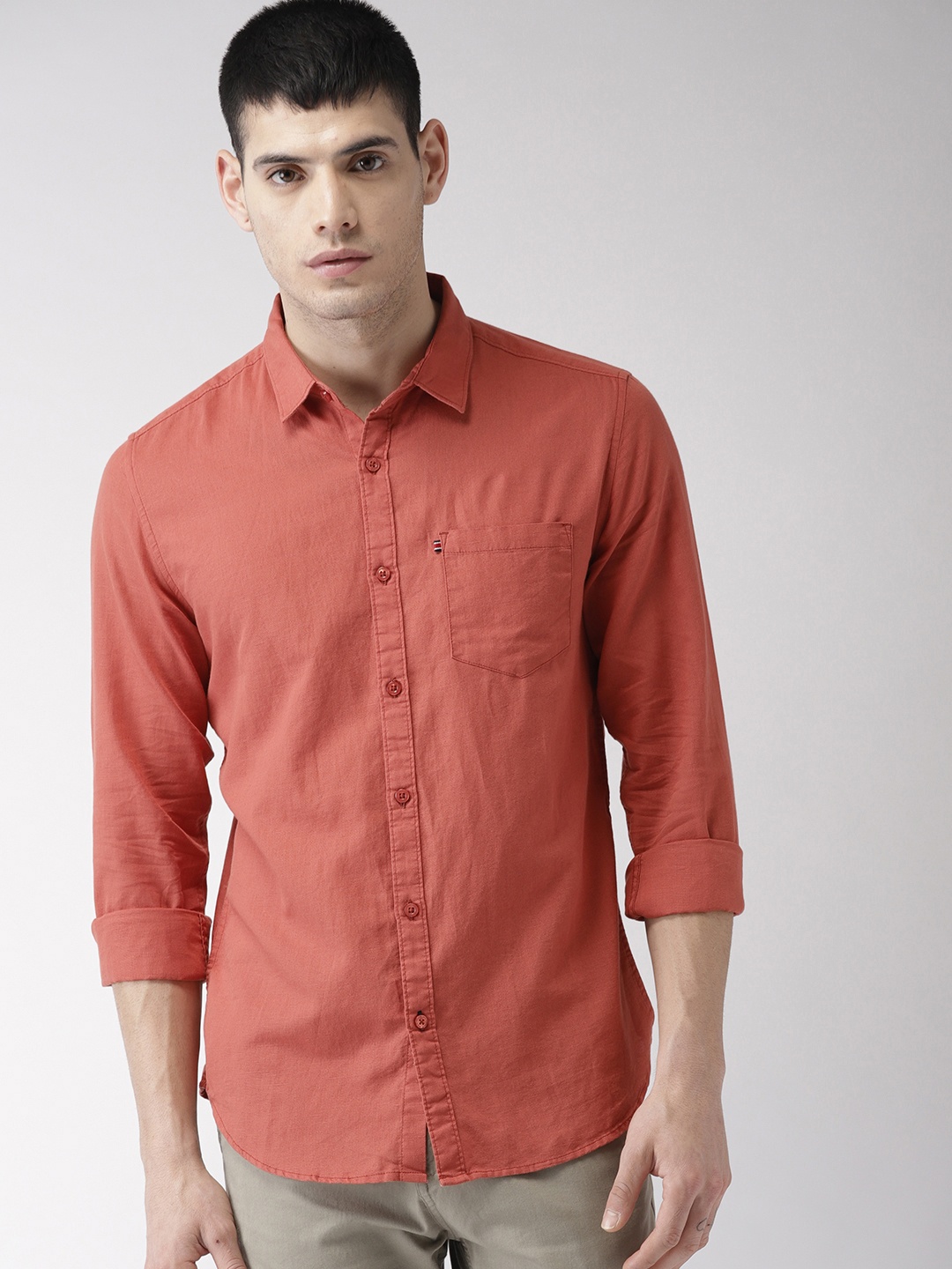

HIGHLANDER Men Orange & Peach-Coloured Slim Fit Solid Casual Shirt