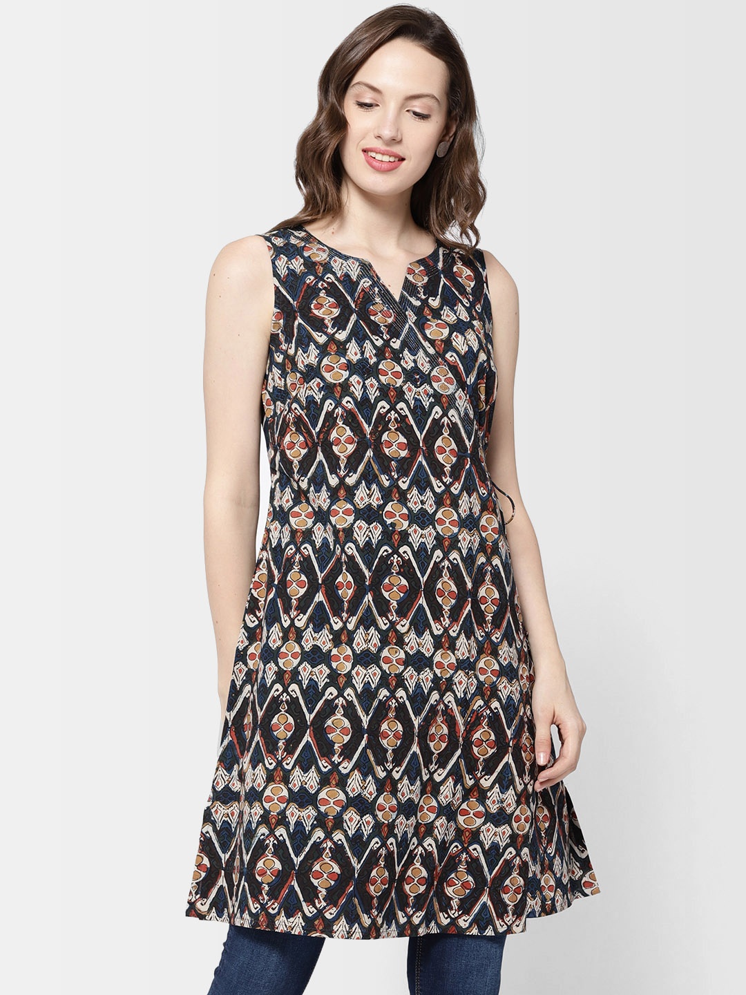 

Fabindia Navy Blue & Beige Printed Wrap Tunic