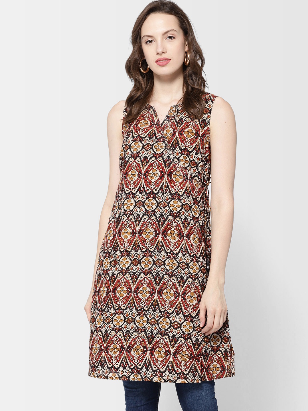 

Fabindia Beige & Red Printed Wrap Tunic
