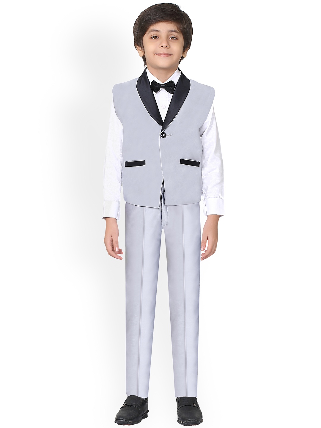 

Jeetethnics Boys Grey Solid Shirt with Trousers, Waistcoat & Bow