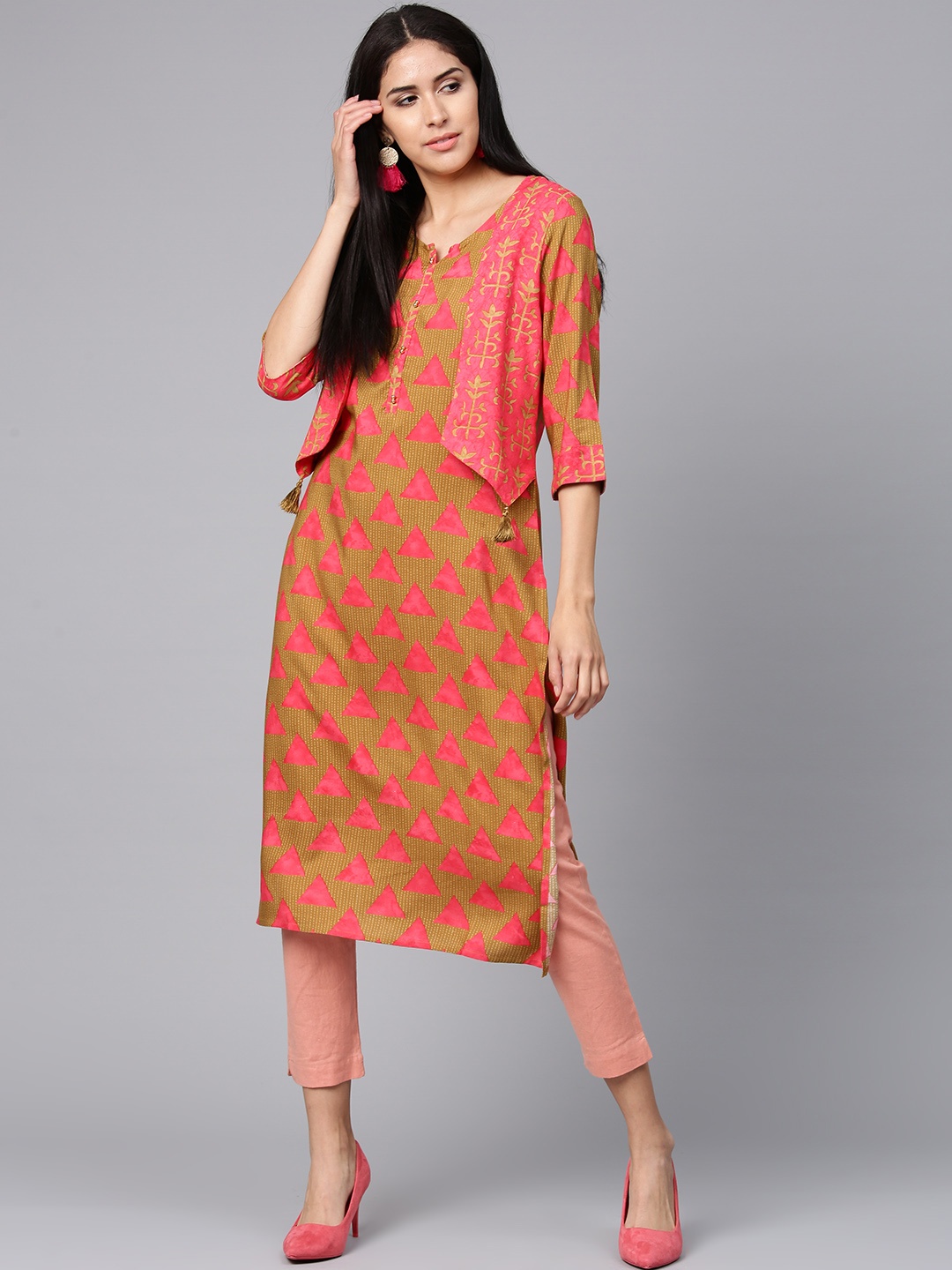 

Shree Women Mustard Brown & Coral Pink Printed Layered Straight Kurta