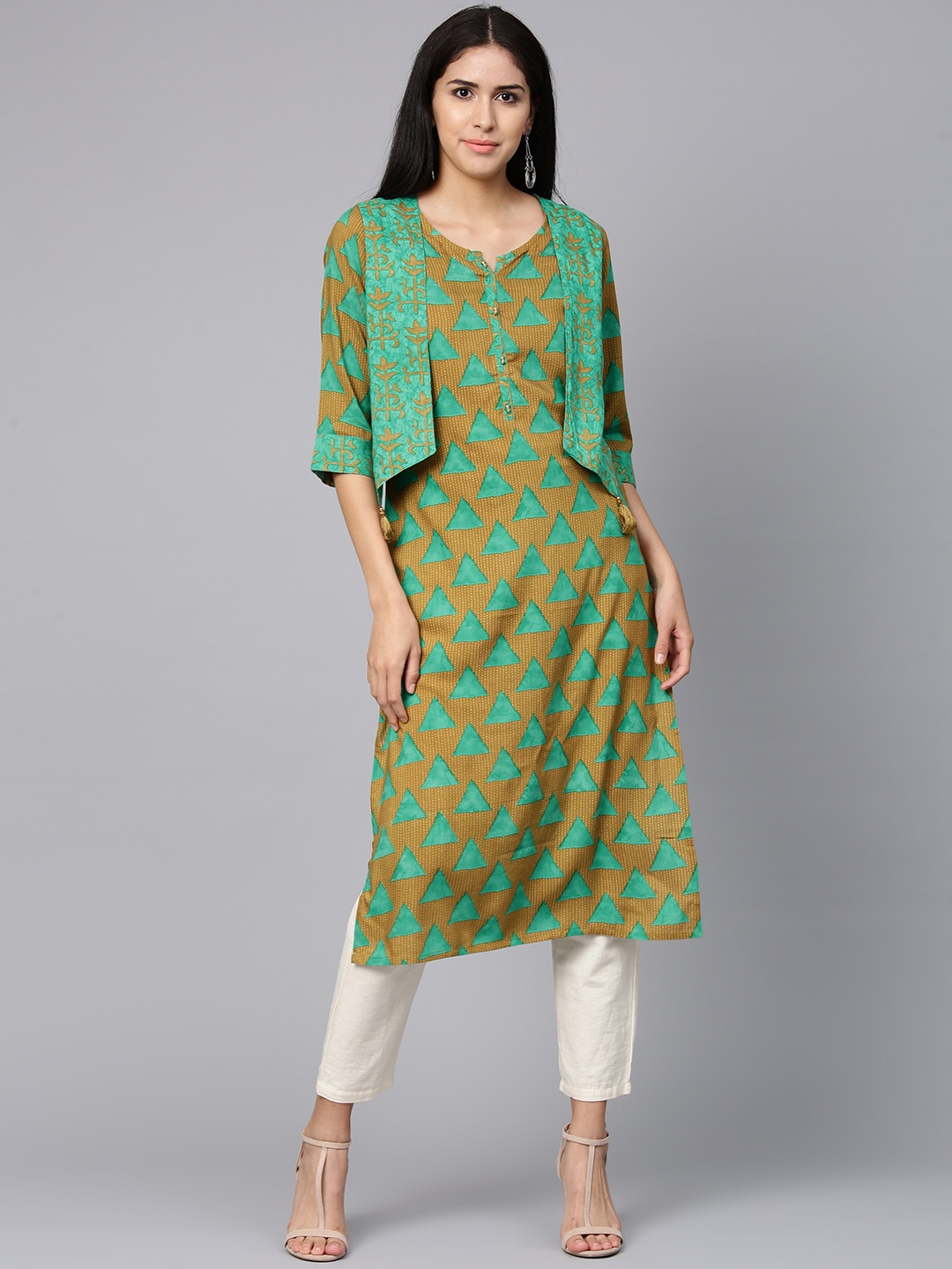 

Shree Women Mustard Brown & Green Printed Layered Straight Kurta