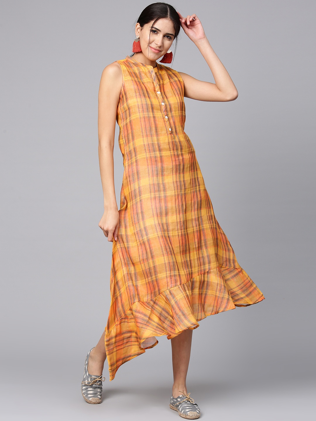 

Shree Women Mustard Yellow Checked Maxi Dress