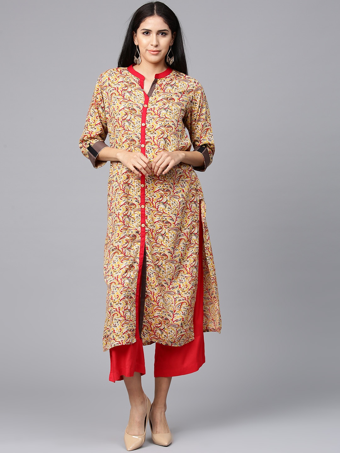 

Shree Women Mustard Yellow & Grey Printed Straight Kurta