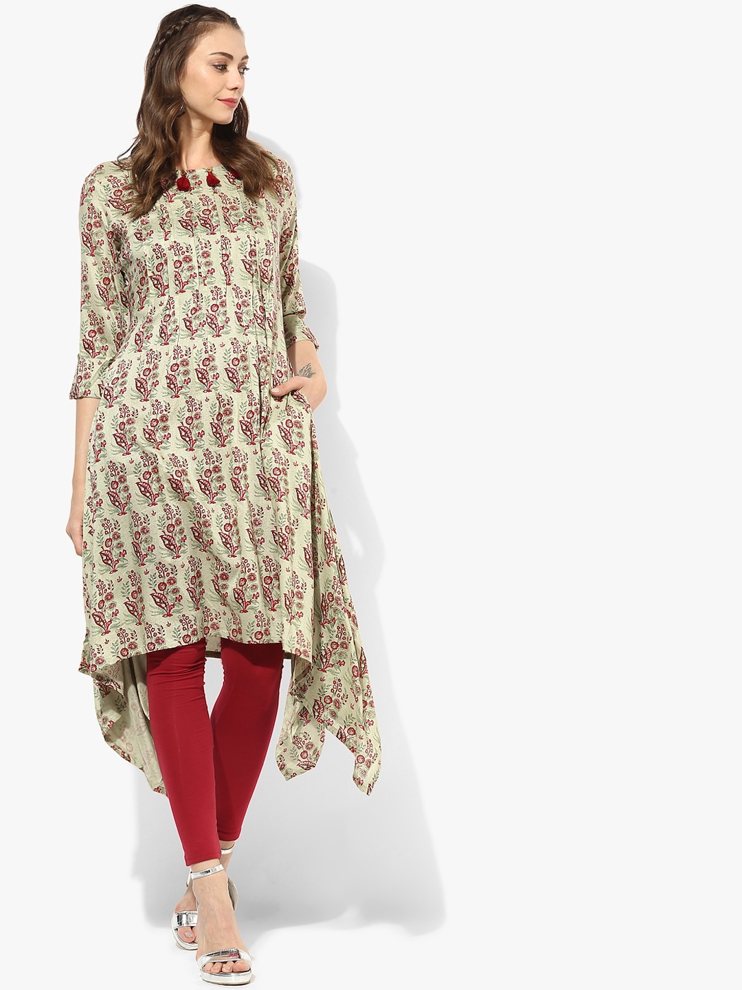 

Sangria Women Olive Green Printed A-Line Asymmetric Kurta