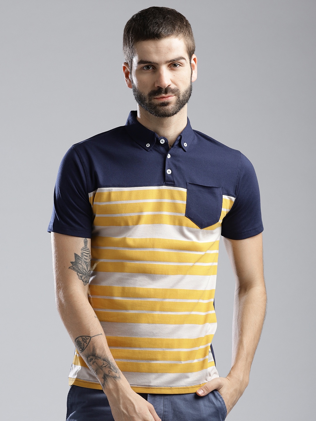 

Hubberholme Men Navy Blue & Yellow Striped Polo Collar T-shirt