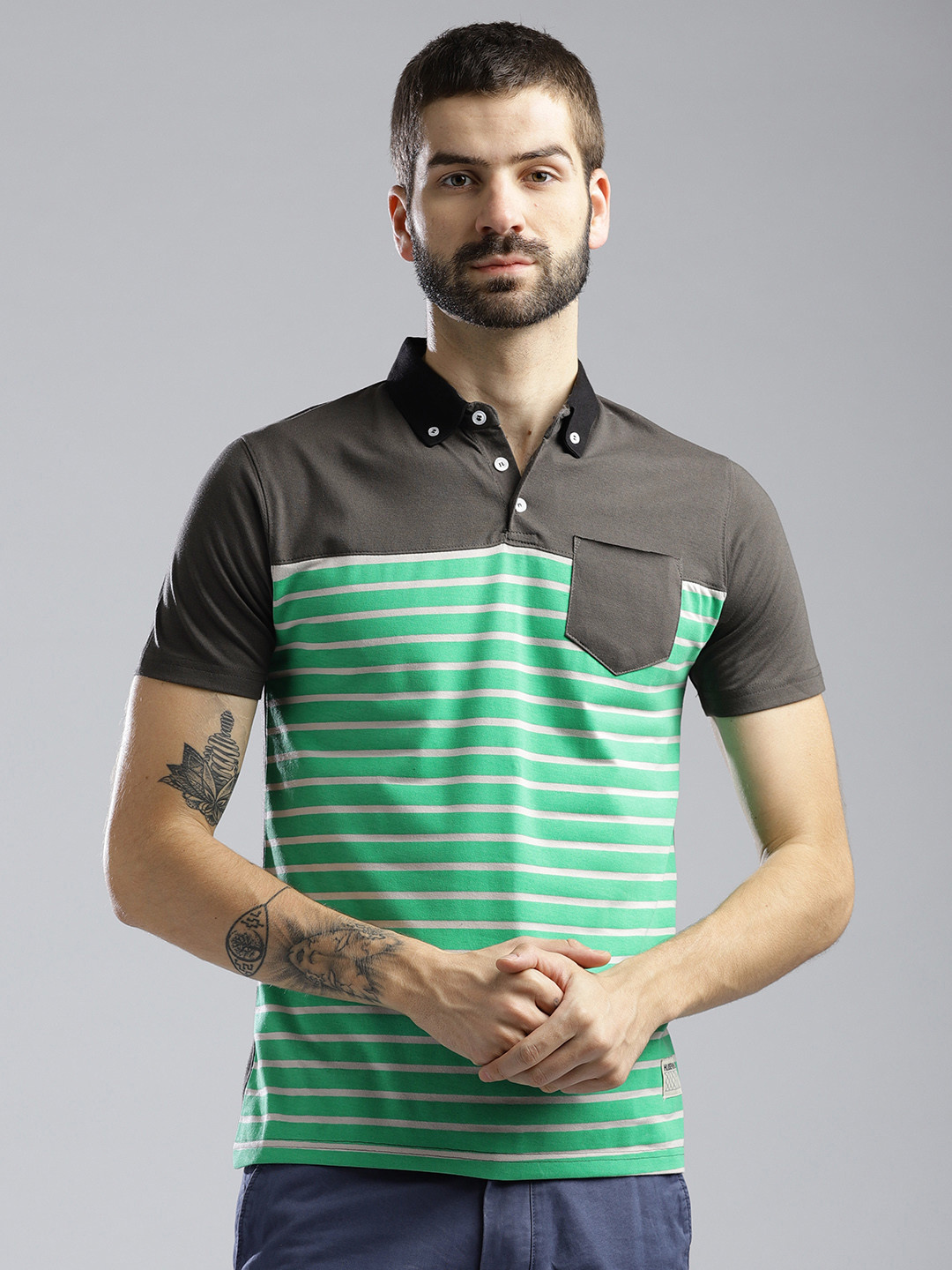 

Hubberholme Men Taupe Green Striped Polo Collar Pure Cotton T-shirt
