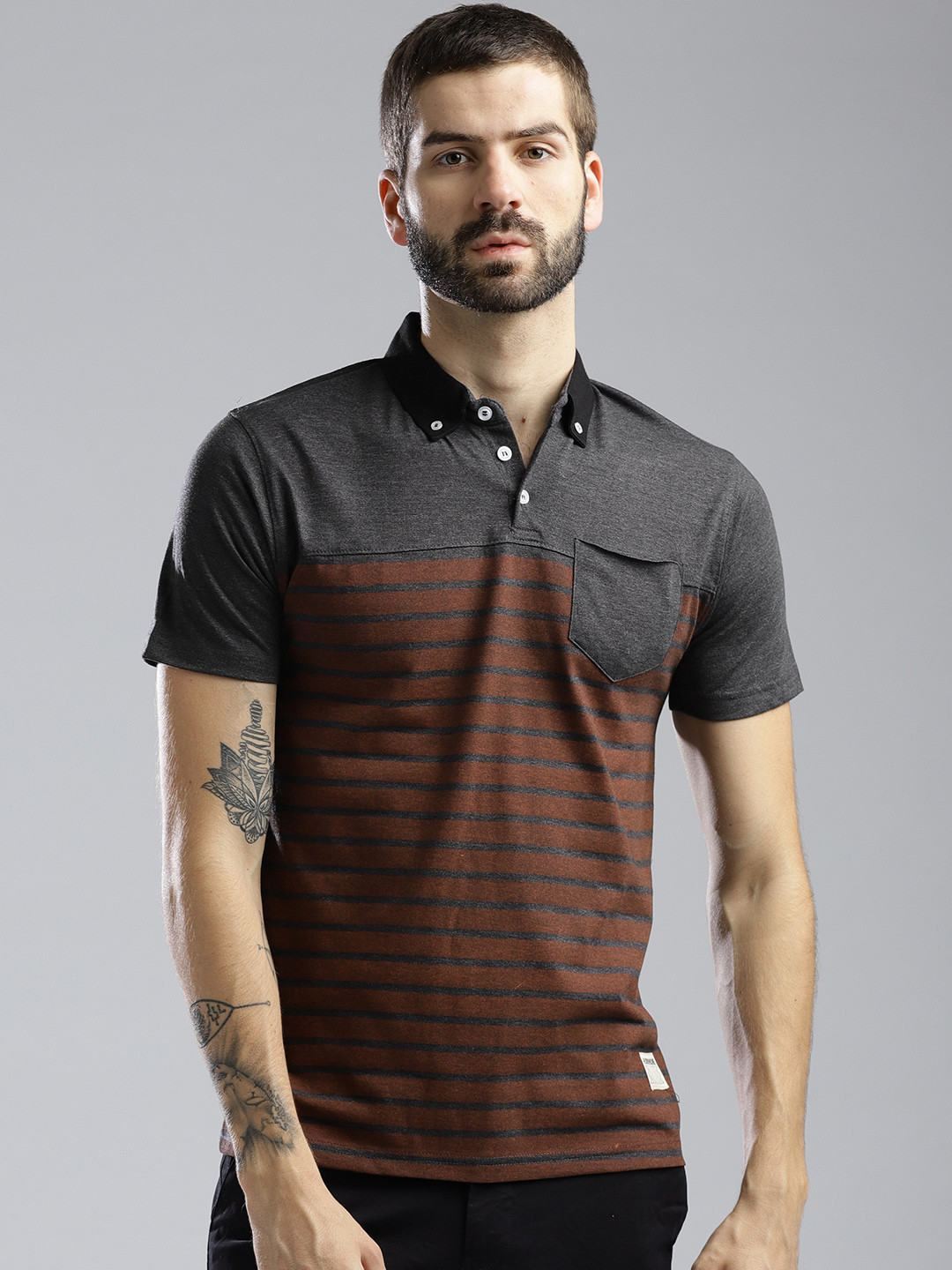 

Hubberholme Men Charcoal Grey Striped Polo Collar T-shirt