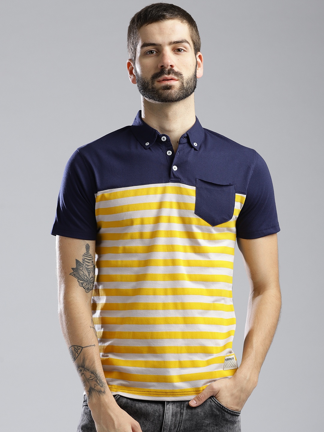 

Hubberholme Men Navy & Yellow Striped Button-Down Collar T-shirt, Navy blue
