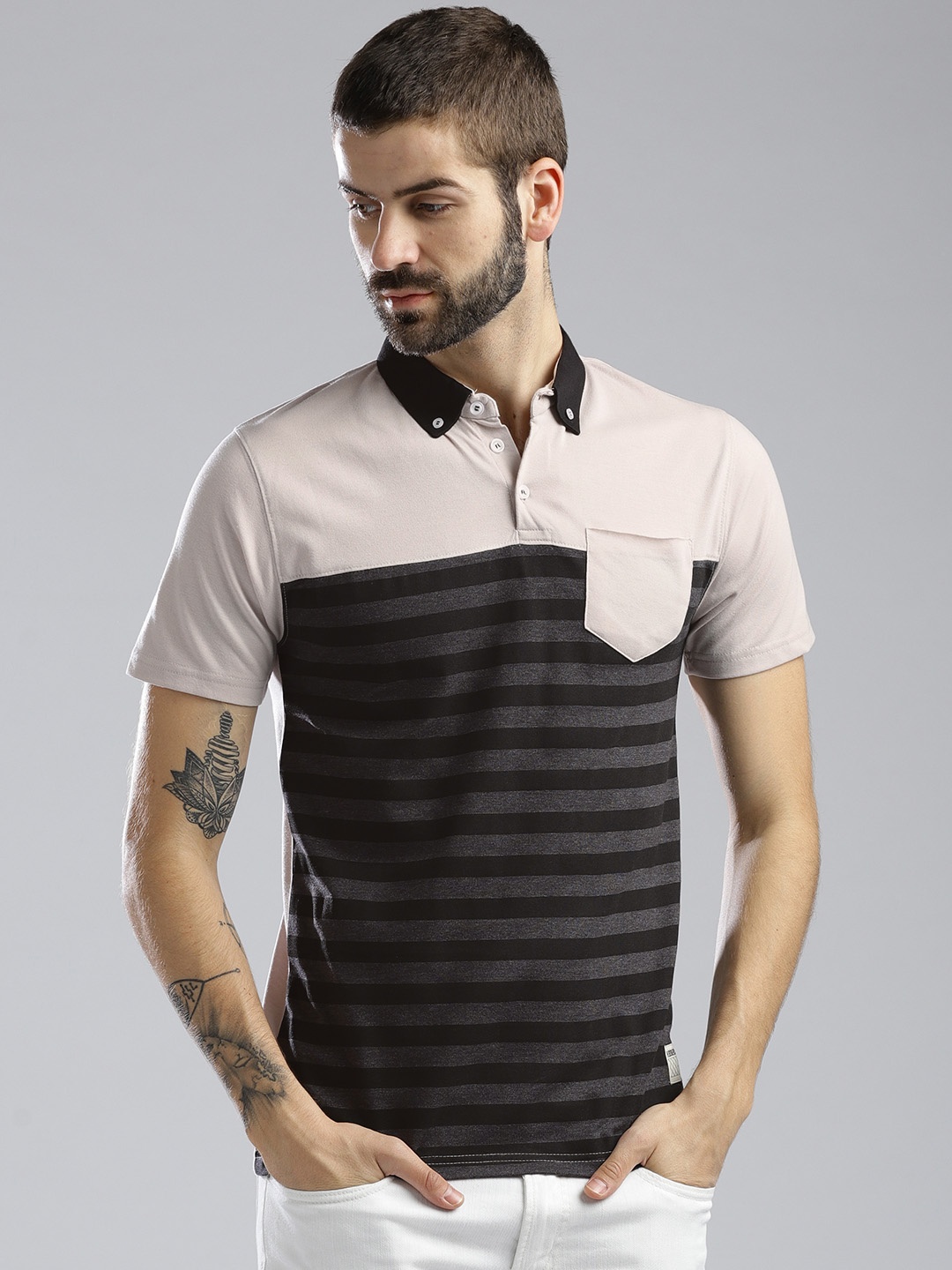 

Hubberholme Men Charcoal Grey & Beige Striped Button-Down Collar T-shirt