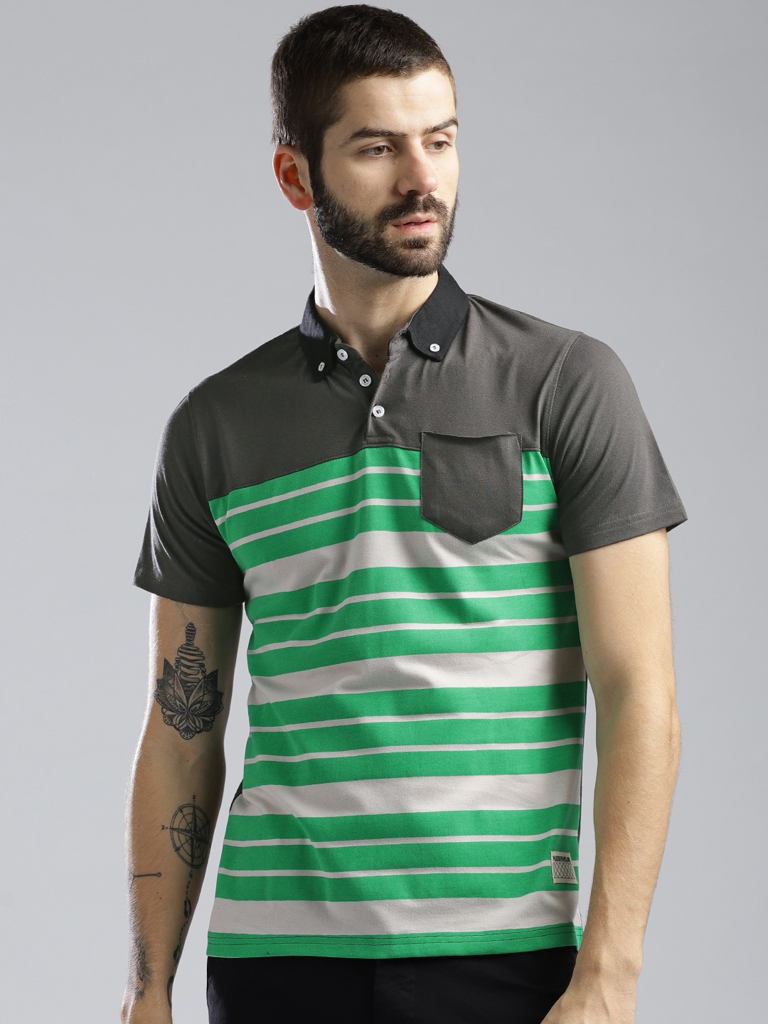 

Hubberholme Men Olive Green Striped Polo Collar T-shirt