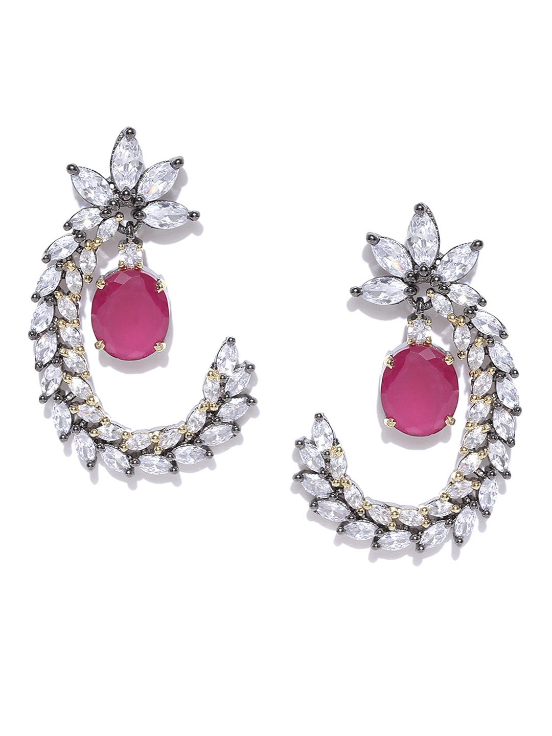 

PANASH Gunmetal-Toned & Pink Handcrafted CZ Stone-Studded Drop Earrings, Metallic