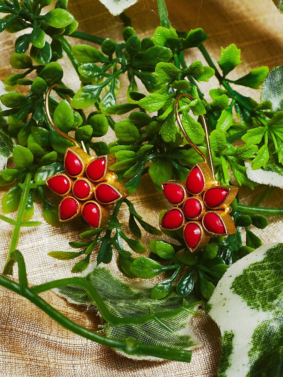 

PANASH Red Gold-Plated Handcrafted Floral Drop Earrings