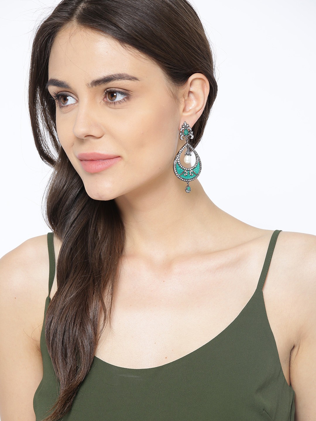 

PANASH Silver-Toned Rhodium-Plated & Green Teardrop Shaped Drop Earrings