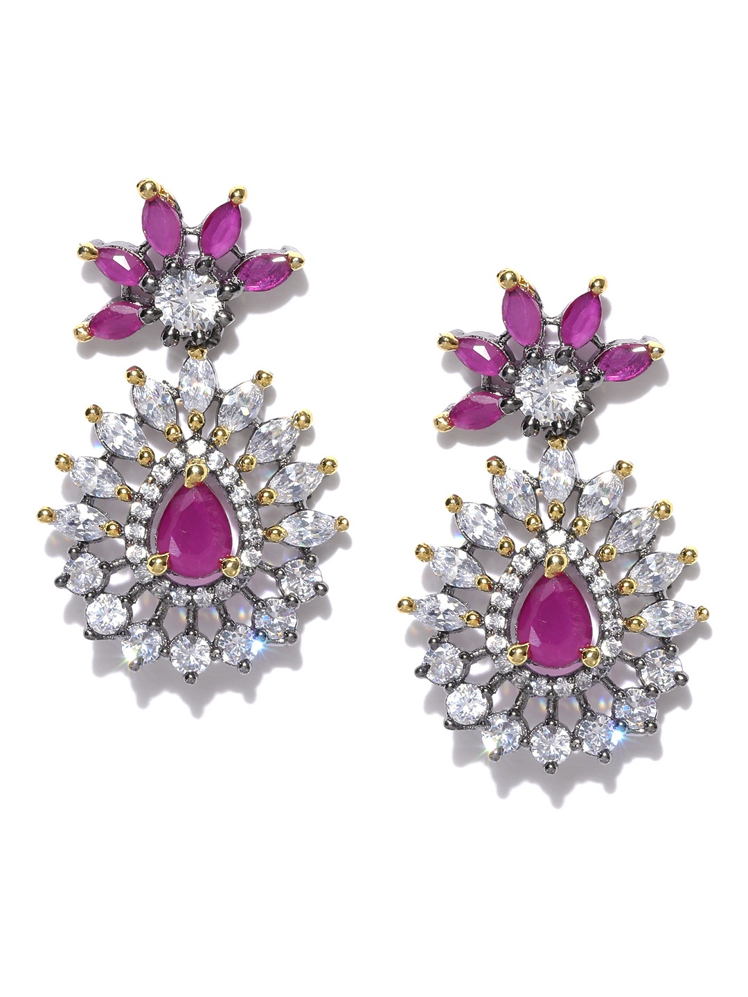 

PANASH Silver-Toned & Magenta Cubic Zirconia Handcrafted Contemporary Drop Earrings