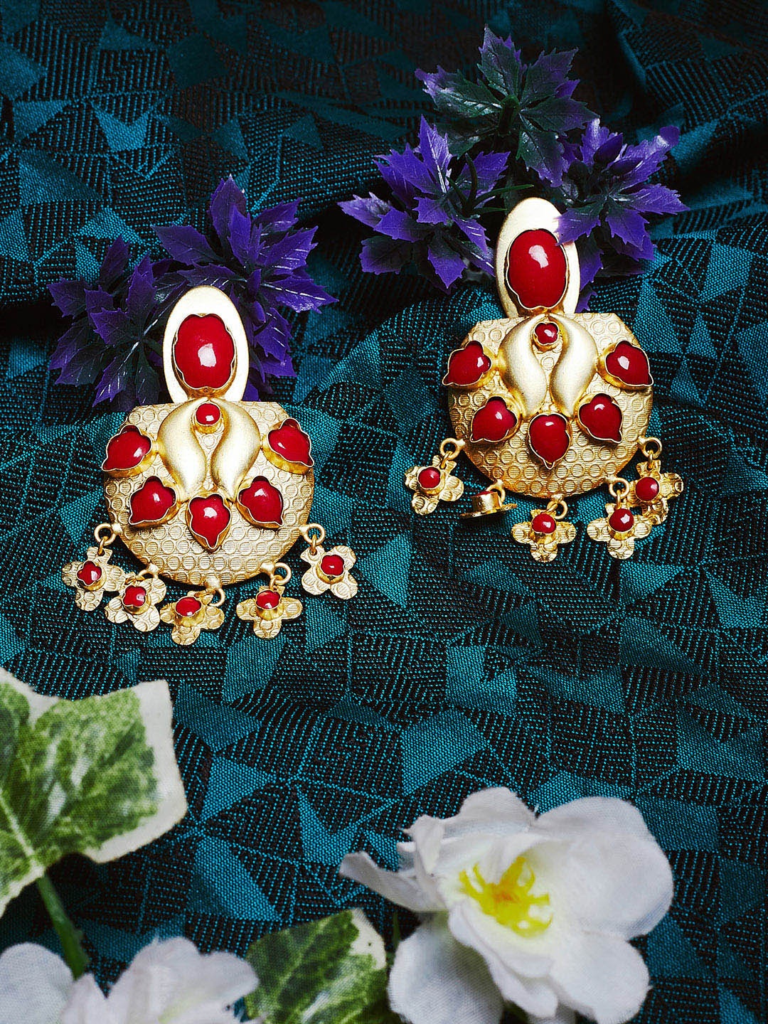 

PANASH Gold-Toned & Maroon Gold-Plated Stone-Studded Handcrafted Classic Drop Earrings