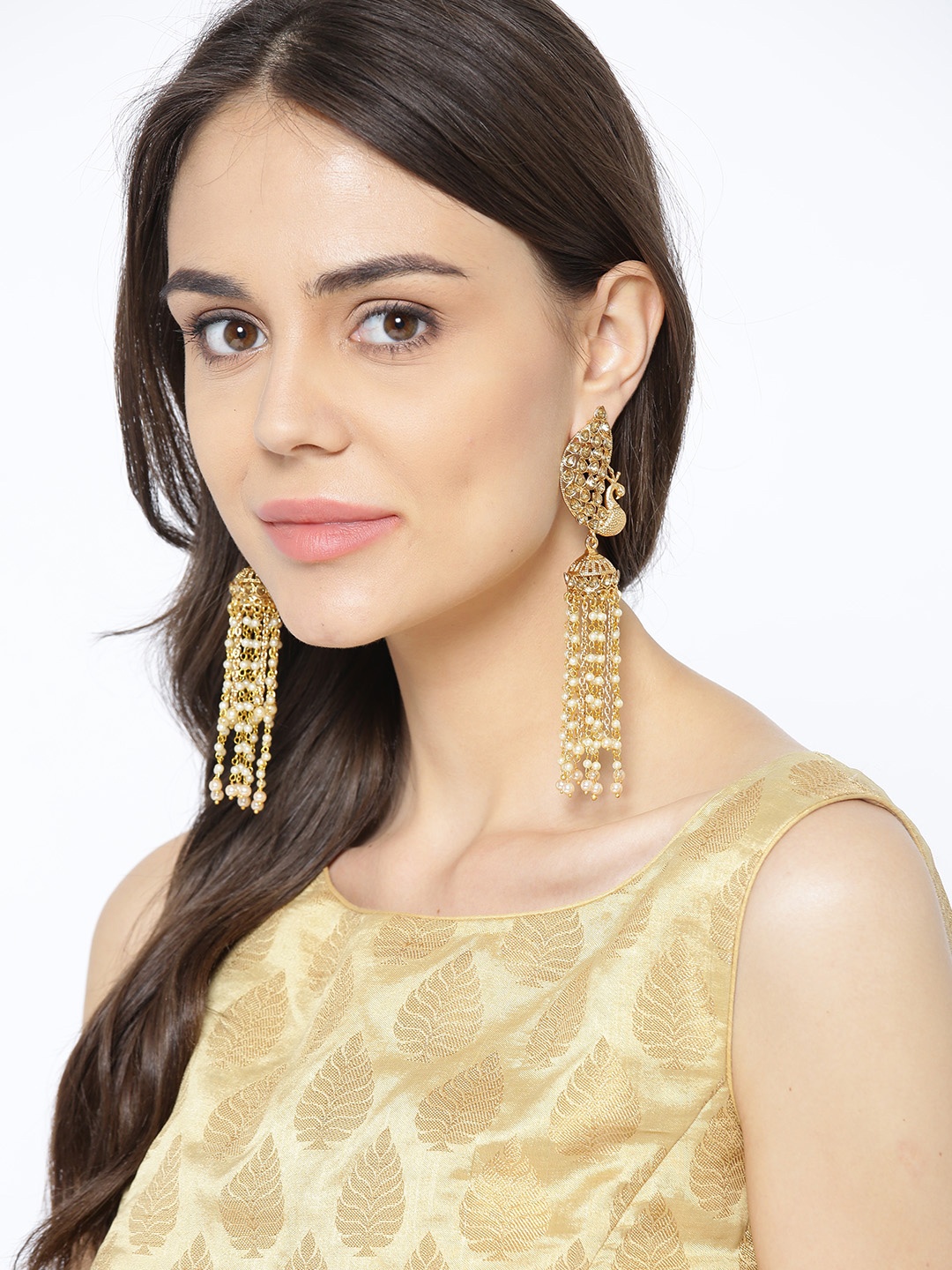 

PANASH Off-White Gold-Plated Handcrafted Peacock Shaped Jhumkas