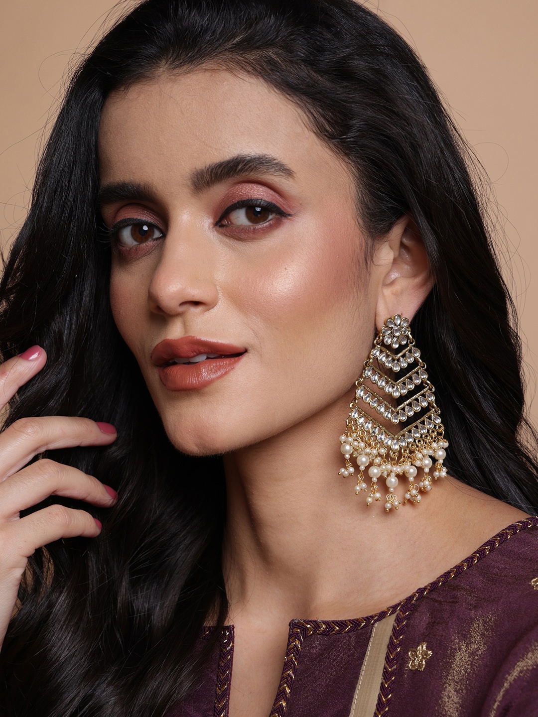 

PANASH Gold-Toned & Off-White Gold-Plated Kundan Classic Drop Earrings