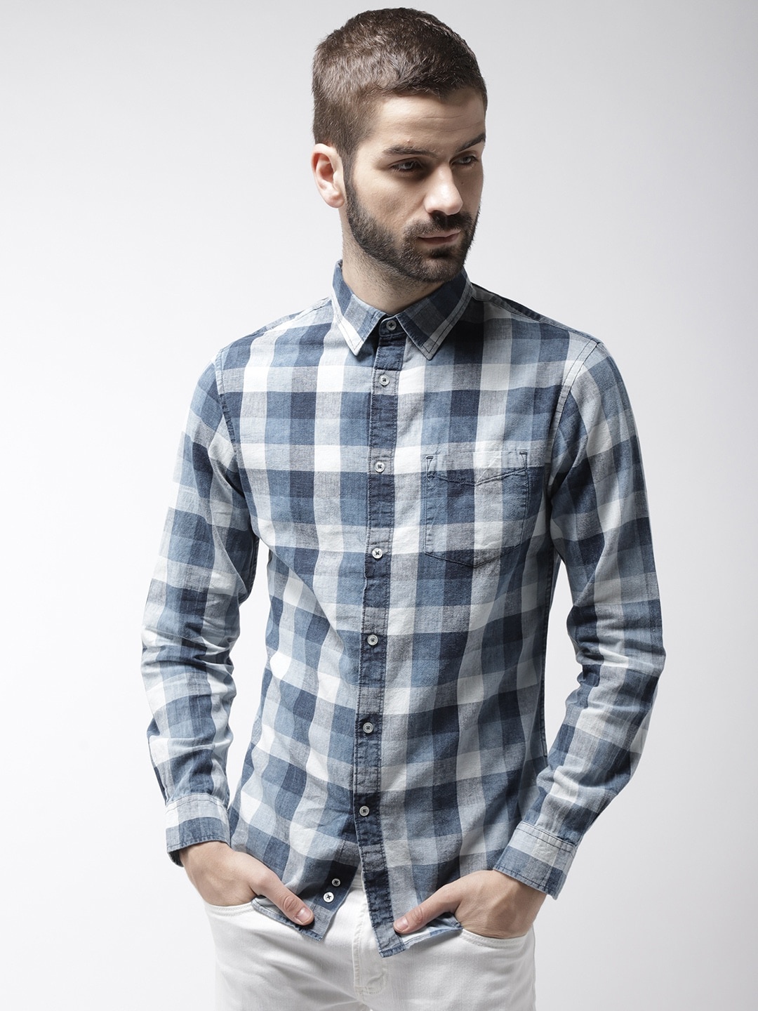

Celio Men Blue White Slim Fit Checked Casual Linen Sustainable Shirt